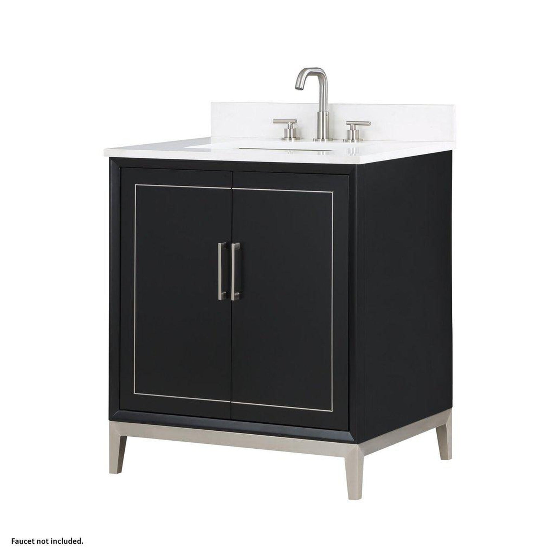 Bemma Design Gracie 30" Midnight Black Solid Wood Freestanding Bathroom Vanity With Single 3-Hole White Quartz Vanity Top, Rectangle Undermount Sink, Backsplash and Brushed Nickel Trim