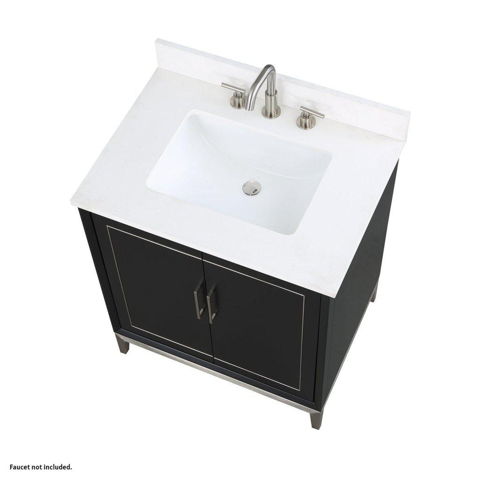 Bemma Design Gracie 30" Midnight Black Solid Wood Freestanding Bathroom Vanity With Single 3-Hole White Quartz Vanity Top, Rectangle Undermount Sink, Backsplash and Brushed Nickel Trim