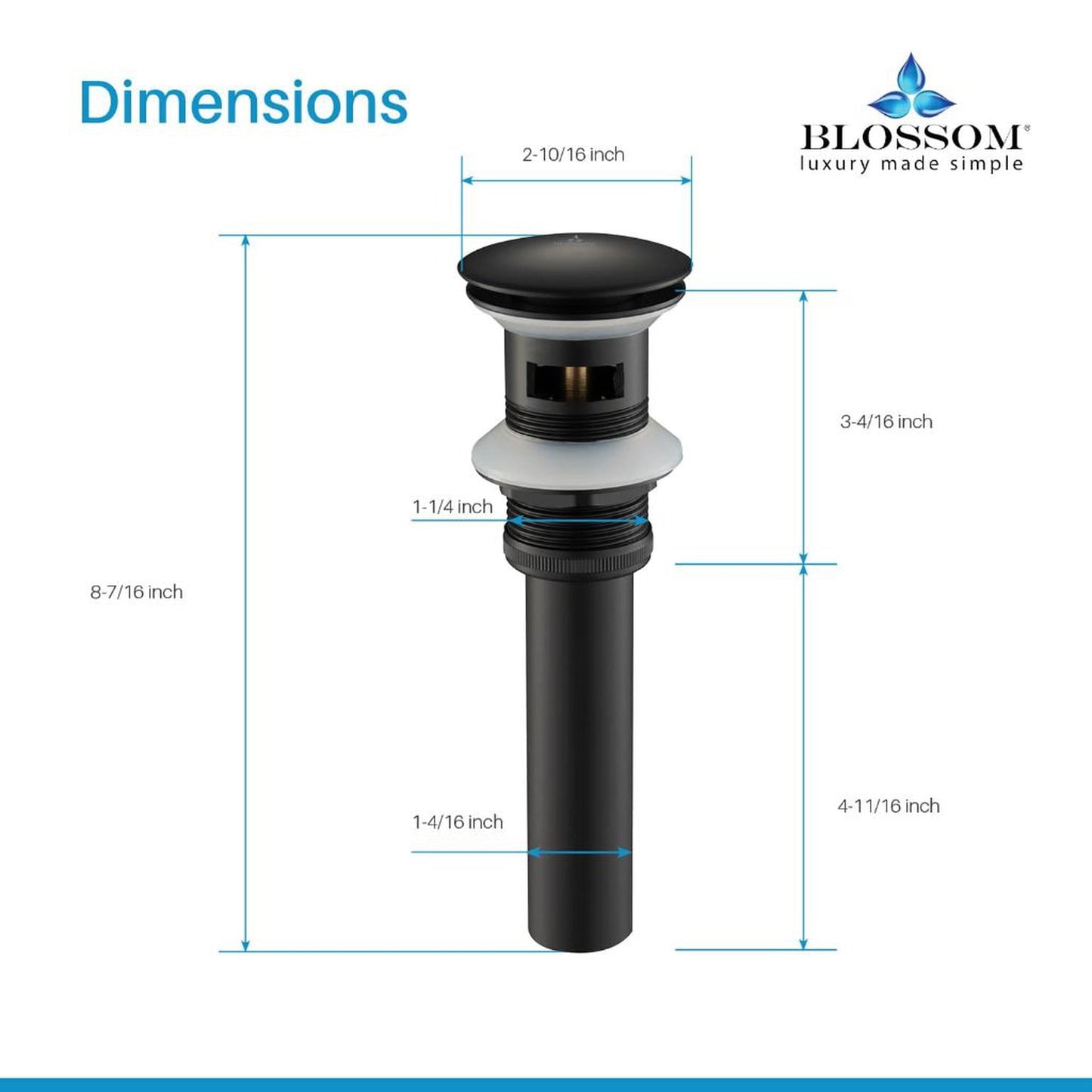 Blossom 1.25" Matte Black Brass Pop-Up Sink Drain With Overflow