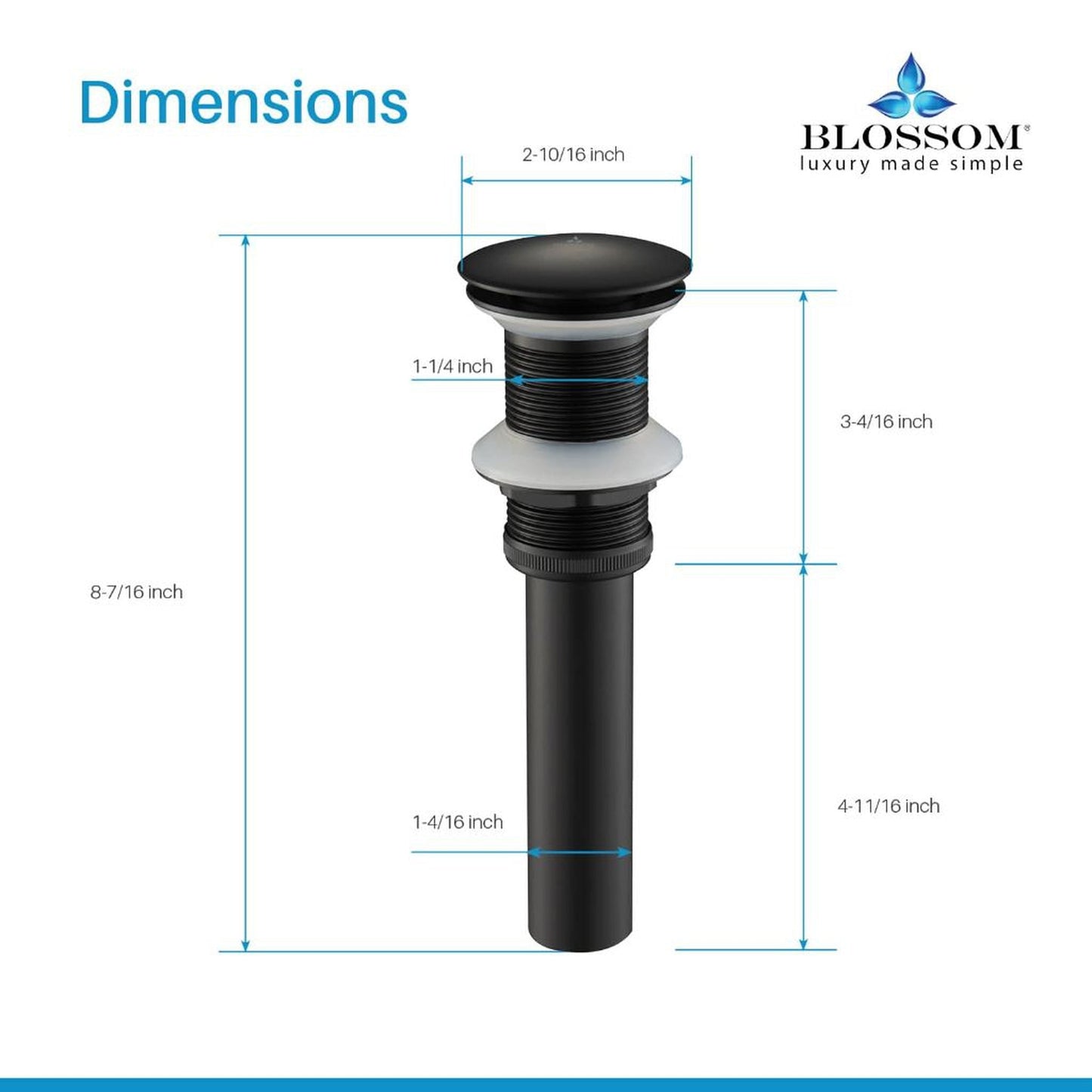 Blossom 1.25" Matte Black Brass Pop-Up Sink Drain Without Overflow