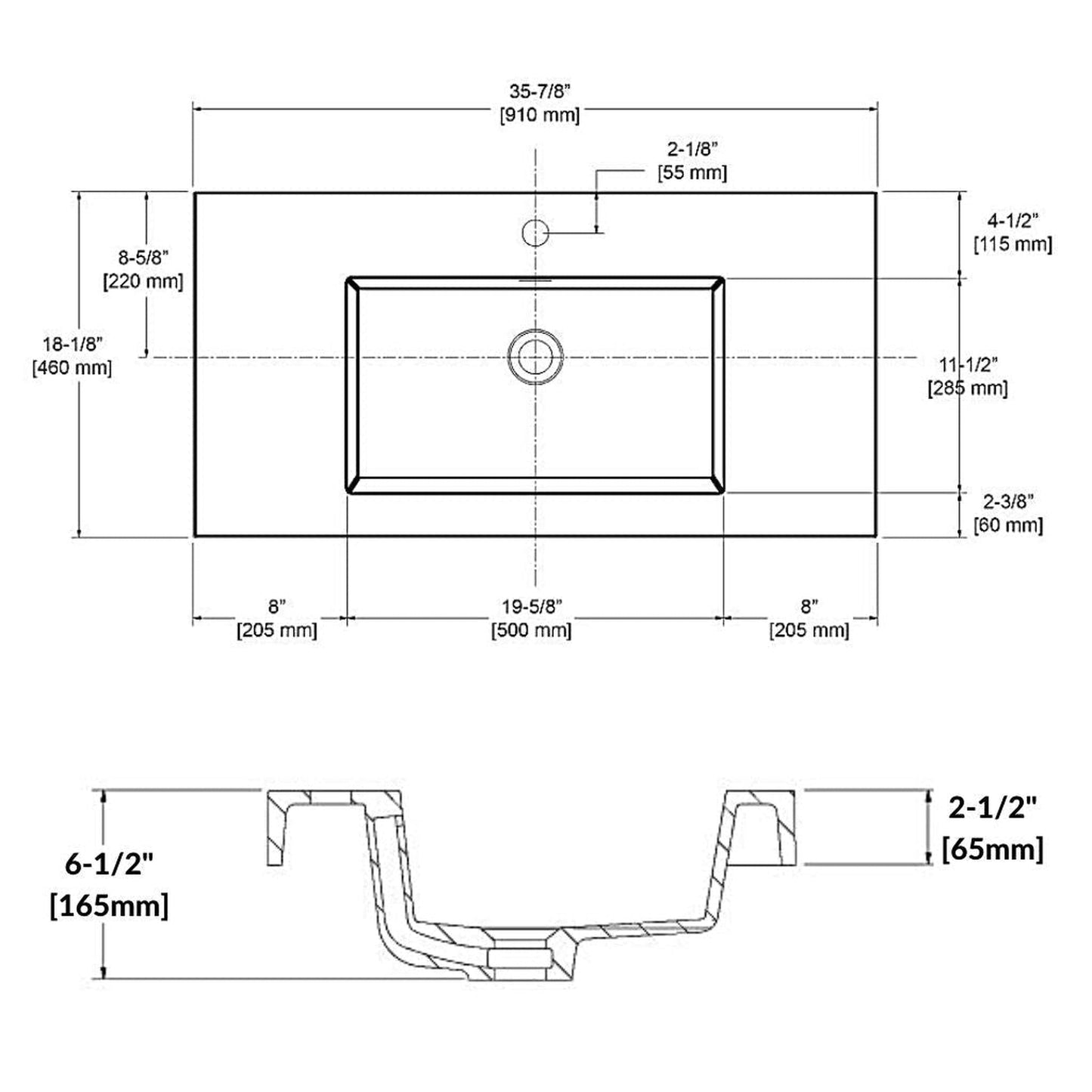 Blossom 36" x 18" White Rectangular Acrylic Vanity Top With Integrated Single Sink And Overflow
