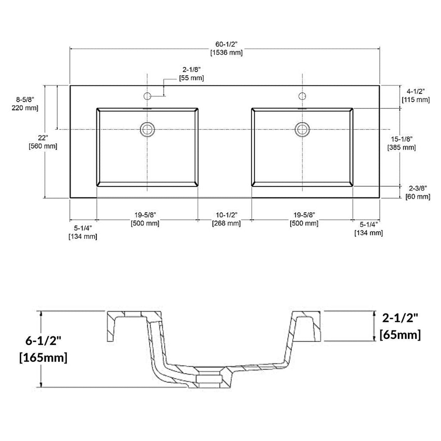 Blossom 60" x 22" White Rectangular Acrylic Vanity Top With Integrated Double Sink And Overflow