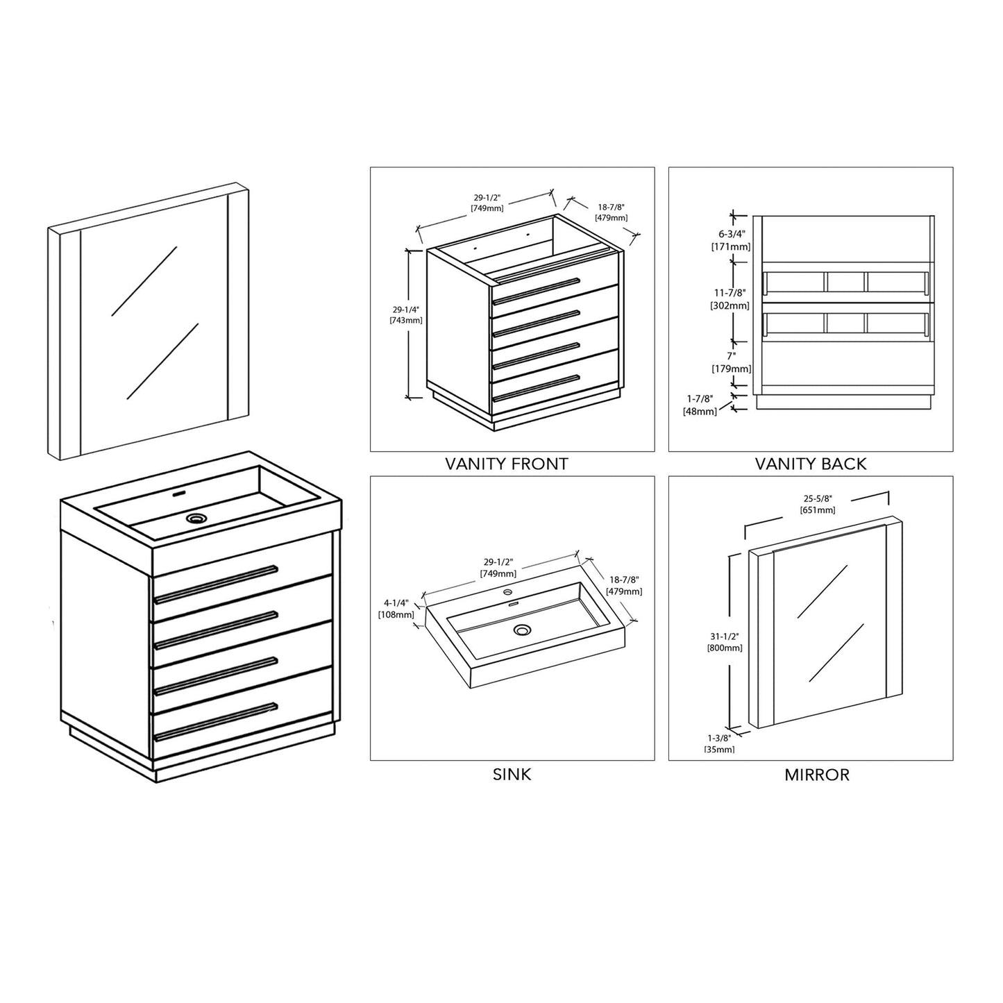 Blossom Barcelona 30" 4-Drawer Dark Oak Freestanding Vanity Set With Acrylic Drop-In Single Sink And Mirror