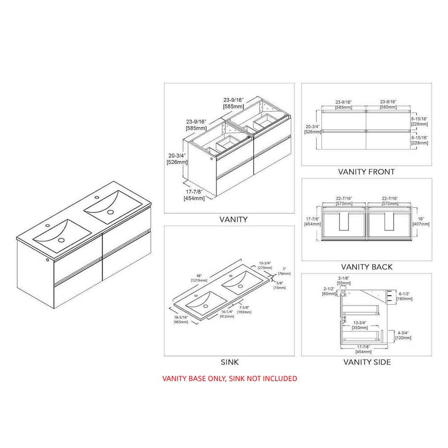 Blossom Jena 48" 4-Drawer Light Gray Wall-Mounted Vanity Base