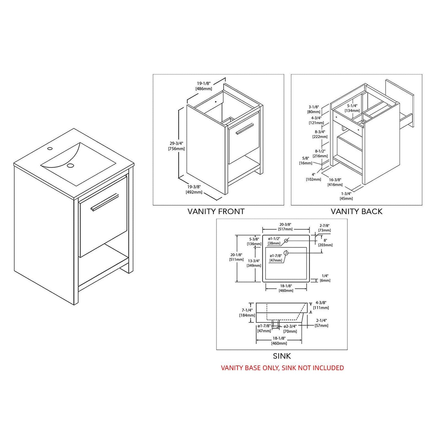 Blossom Milan 20" 1-Drawer Navy Blue Freestanding Vanity Base