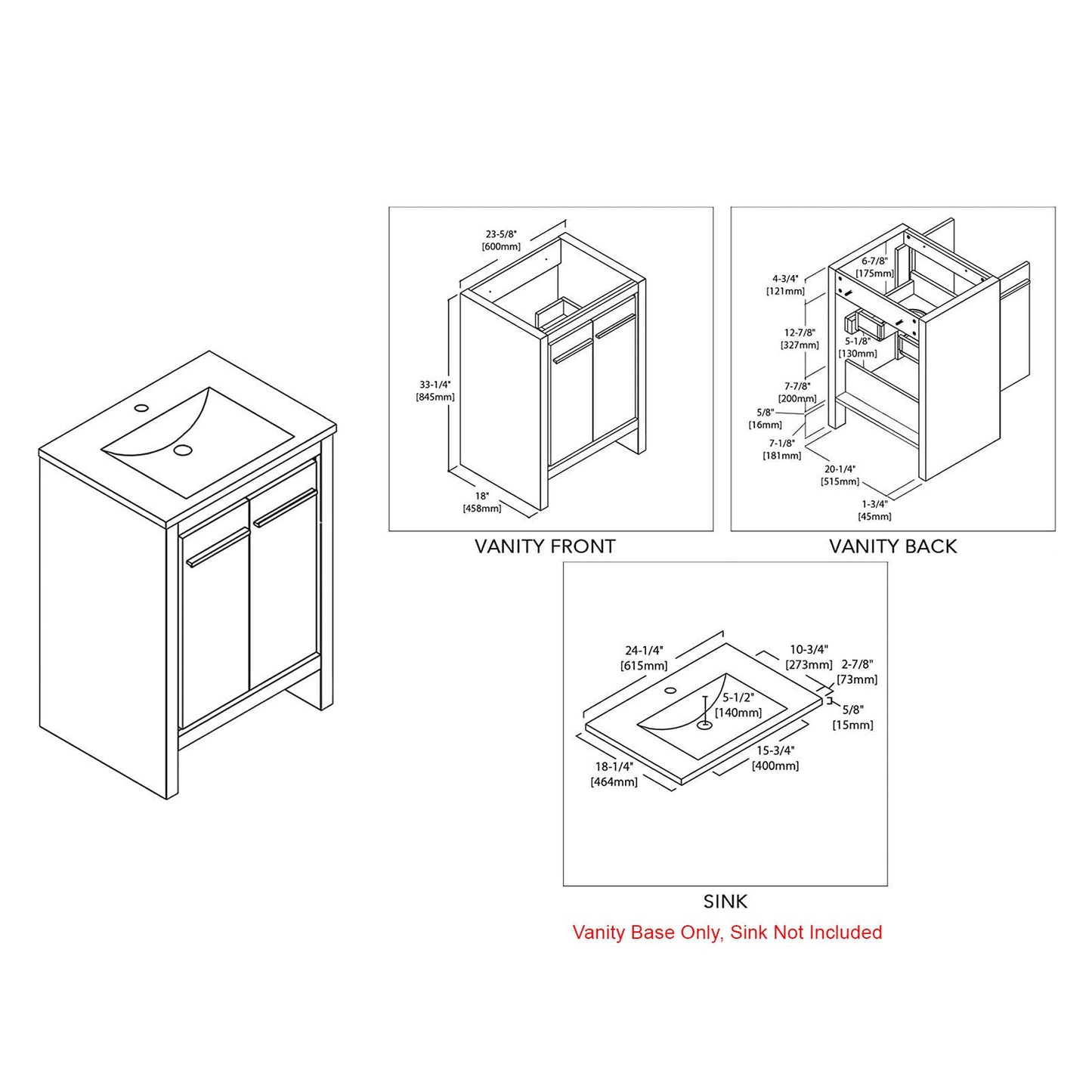 Blossom Milan 24" 2-Door 1-Drawer Navy Blue Freestanding Vanity Base