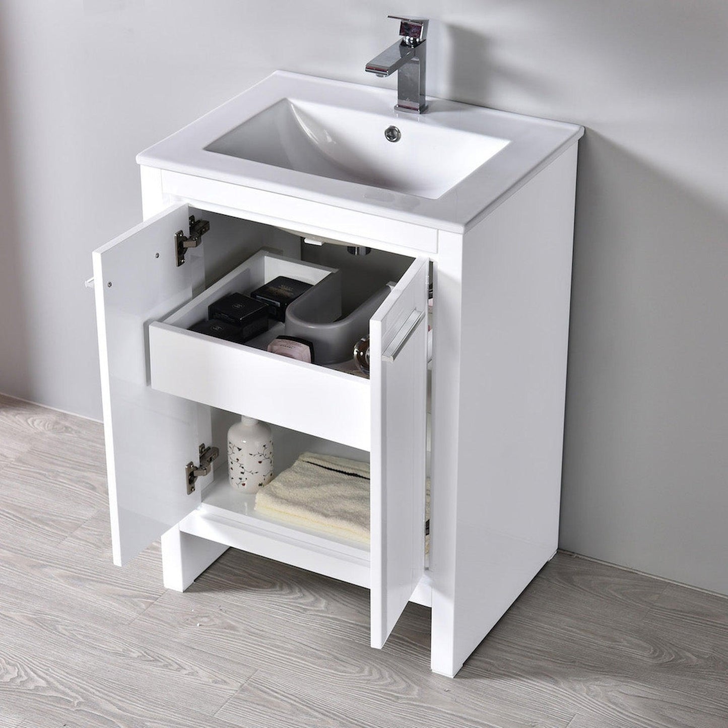 Blossom Milan 24" 2-Door 1-Drawer White Freestanding Vanity With Ceramic Drop-In Single Sink And Mirror