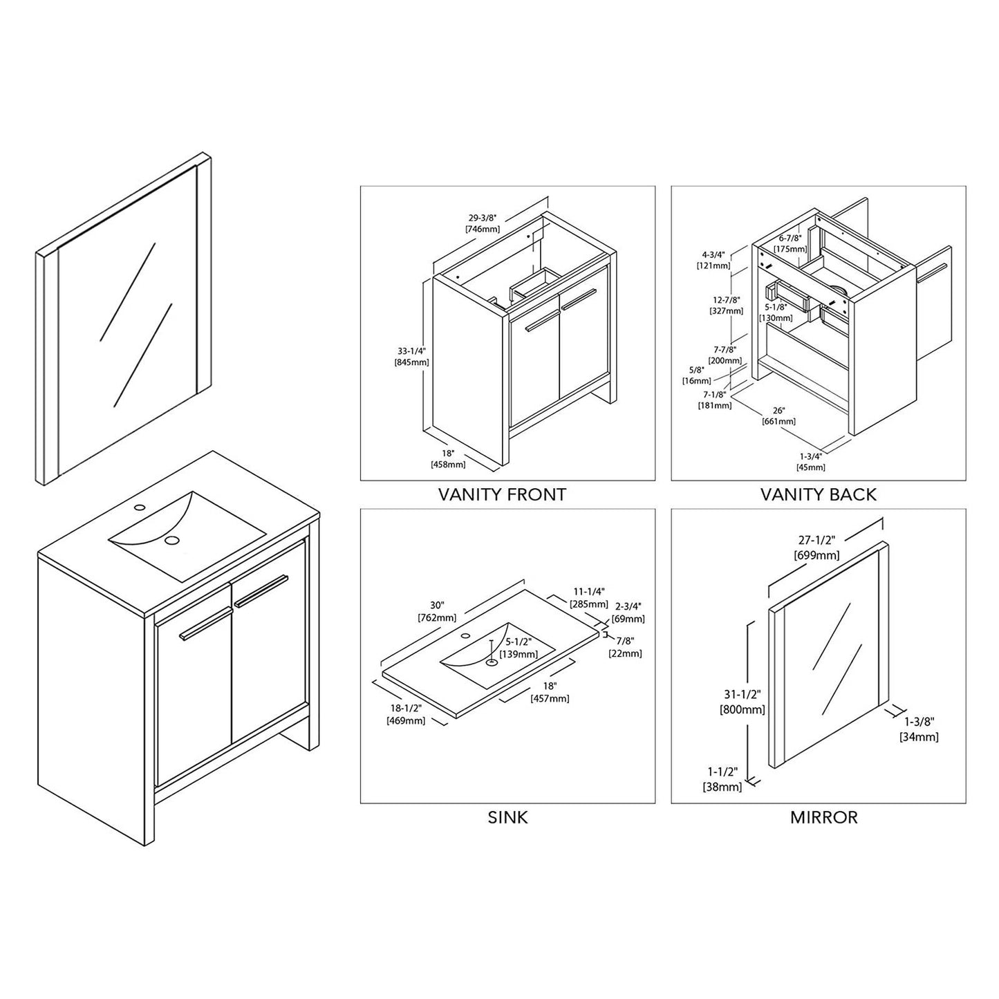 Blossom Milan 30" 2-Door 1-Drawer White Freestanding Vanity With Ceramic Drop-In Single Sink And Mirror