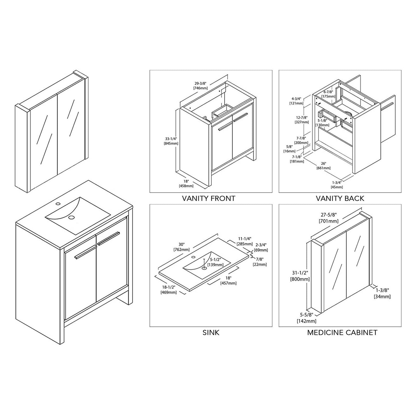 Blossom Milan 30" 2-Door 1-Drawer White Freestanding Vanity With Ceramic Drop-In Single Sink And Mirrored Medicine Cabinet
