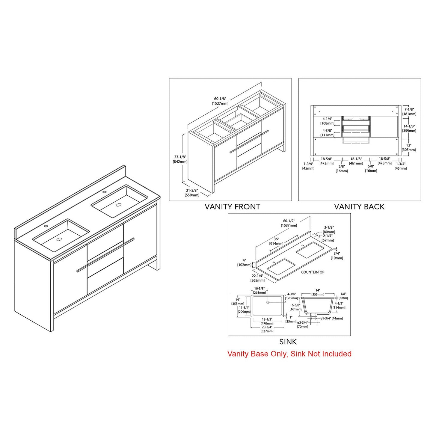 Blossom Milan 60" 2-Door 3-Drawer Navy Blue Freestanding Vanity Base