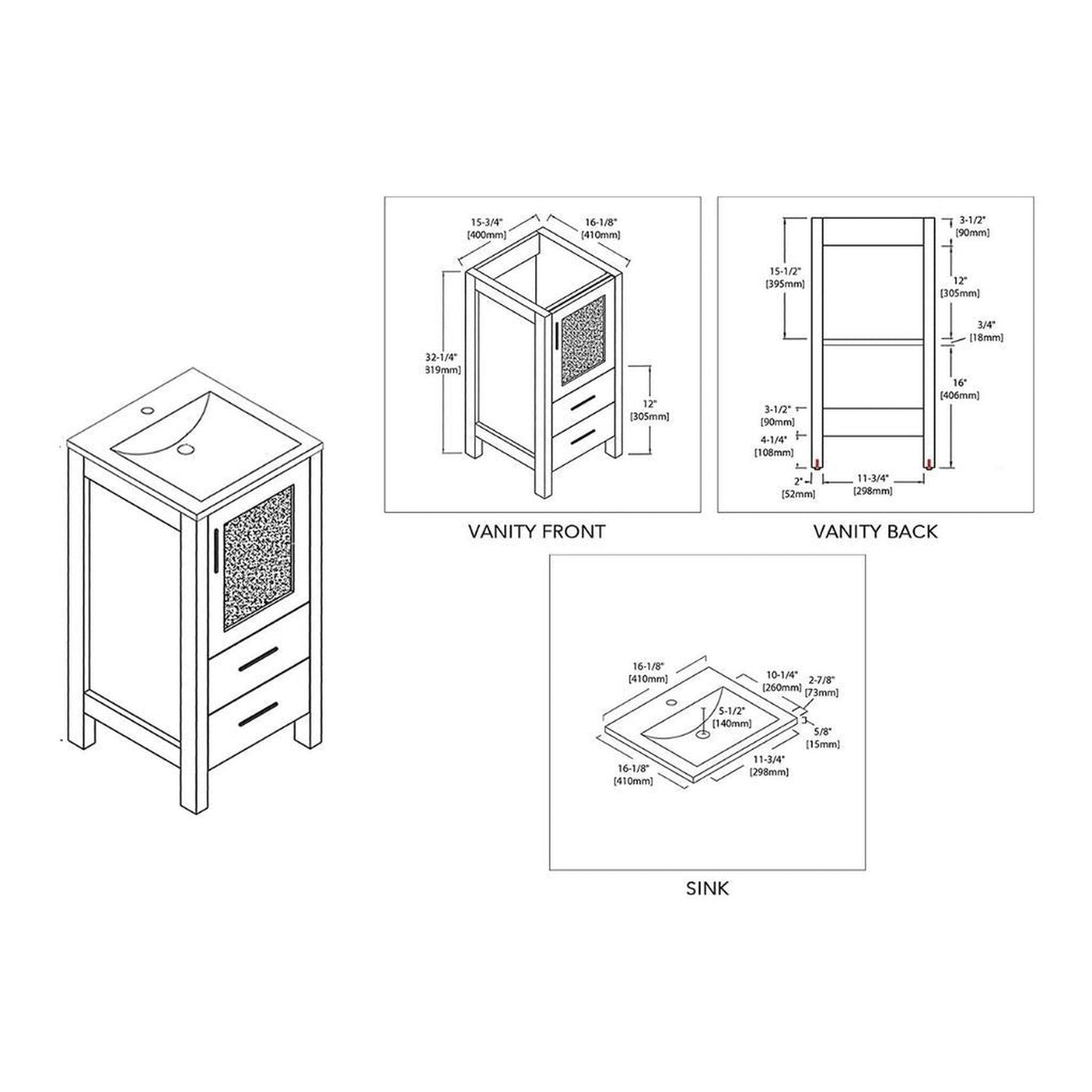 Blossom Sydney 16" 1-Drawer 1-Door Metal Gray Freestanding Vanity Set With Ceramic Drop-In Single Sink
