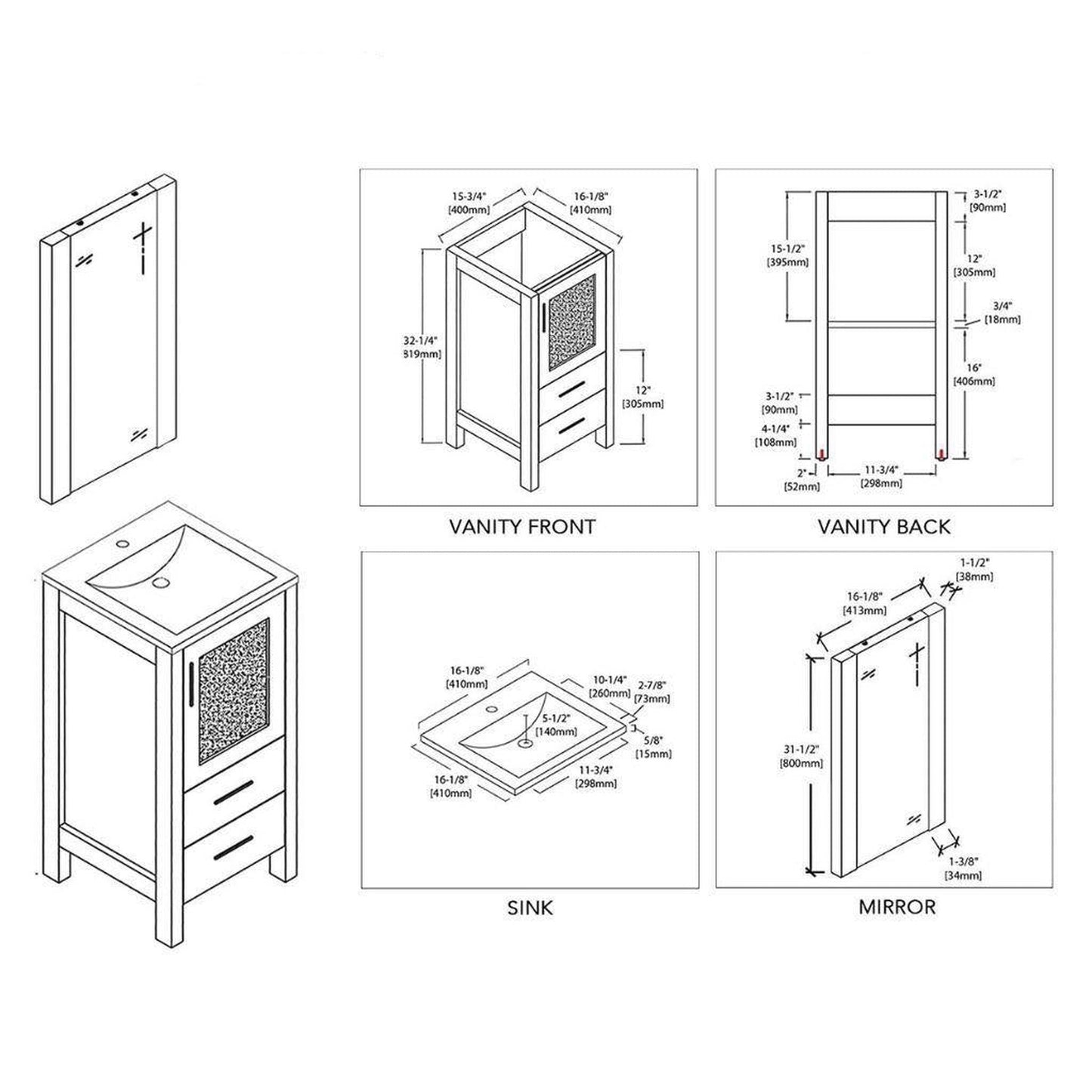 Blossom Sydney 16" 1-Drawer 1-Door White Freestanding Vanity Set With Ceramic Drop-In Single Sink And Mirror