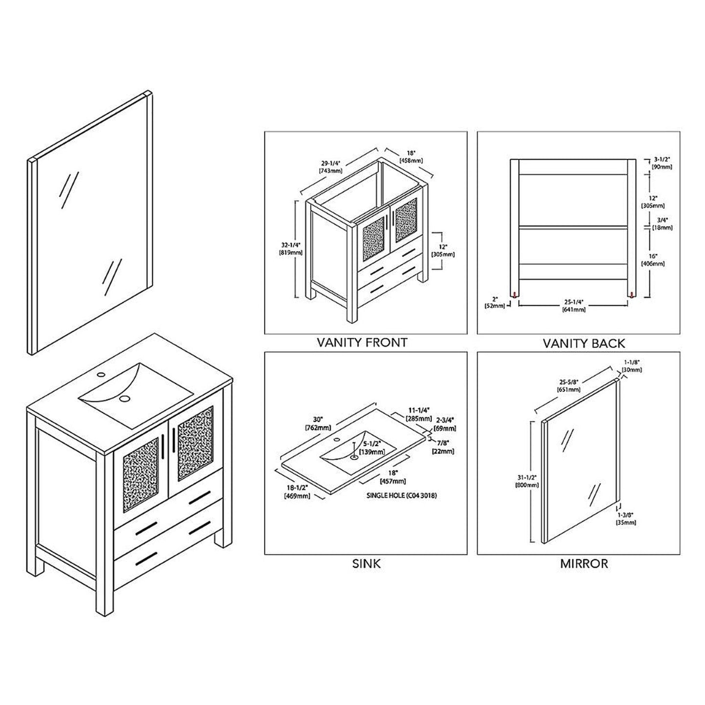 Blossom Sydney 30" White Freestanding Vanity Set With Integrated Single Sink Ceramic Top and Mirror