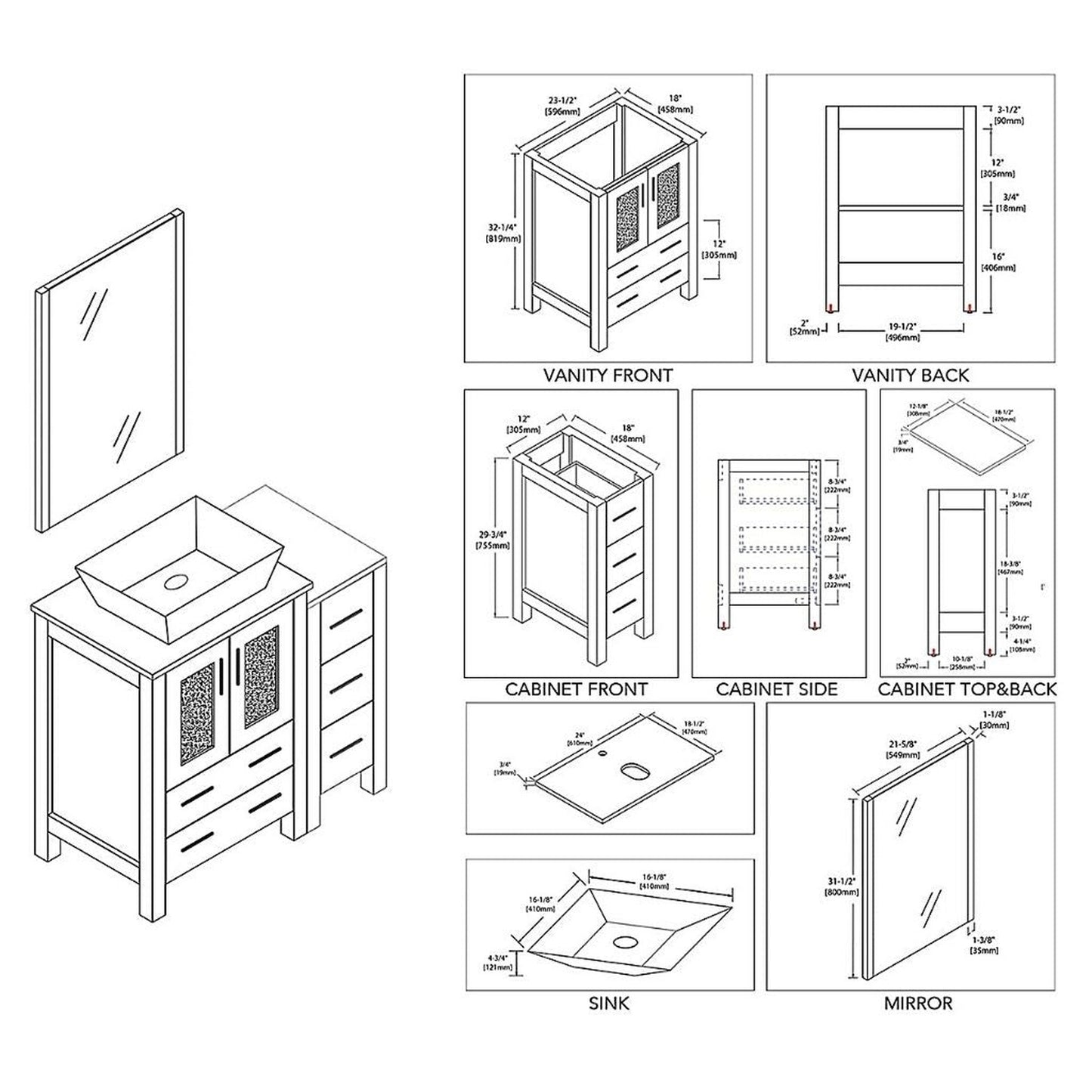 Blossom Sydney 36" Espresso Freestanding Vanity Set With Ceramic Vessel Single Sink, Mirror and Side Cabinet