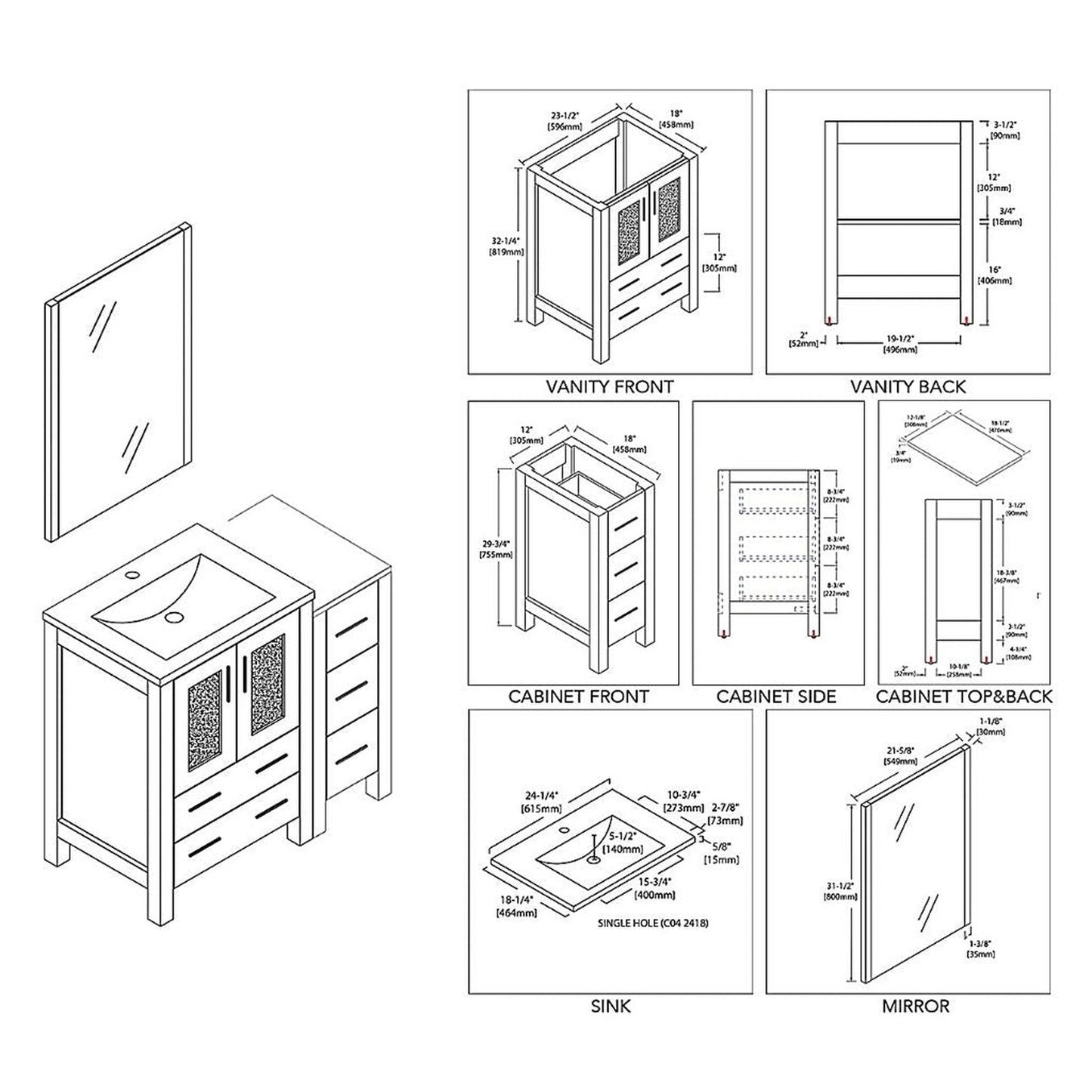 Blossom Sydney 36" White Freestanding Vanity Set With Integrated Single Sink Ceramic Top, Mirror and Side Cabinet