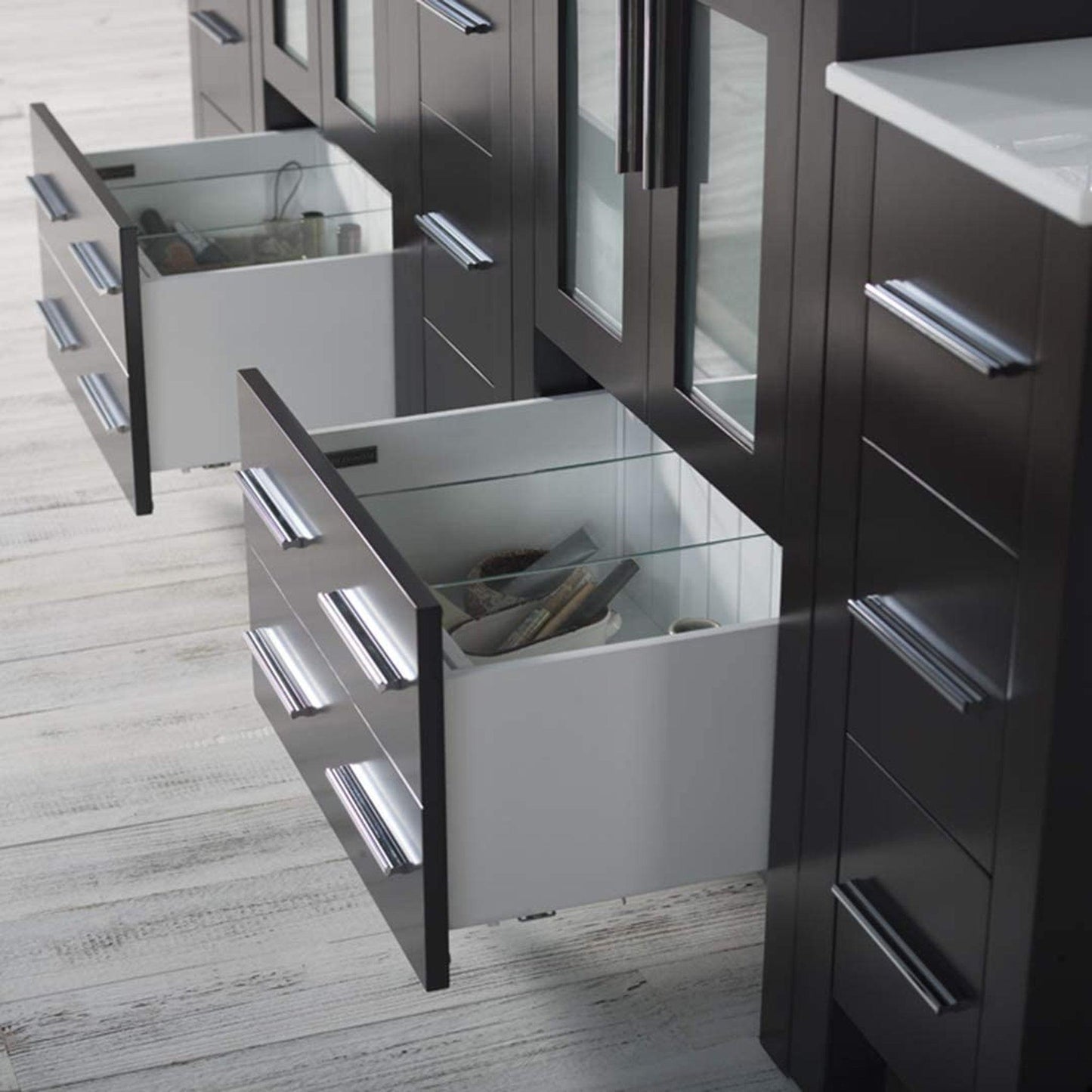 Blossom Sydney 84" Espresso Freestanding Vanity With Ceramic Top, Integrated Double Sinks, Mirror and Three Side Cabinet