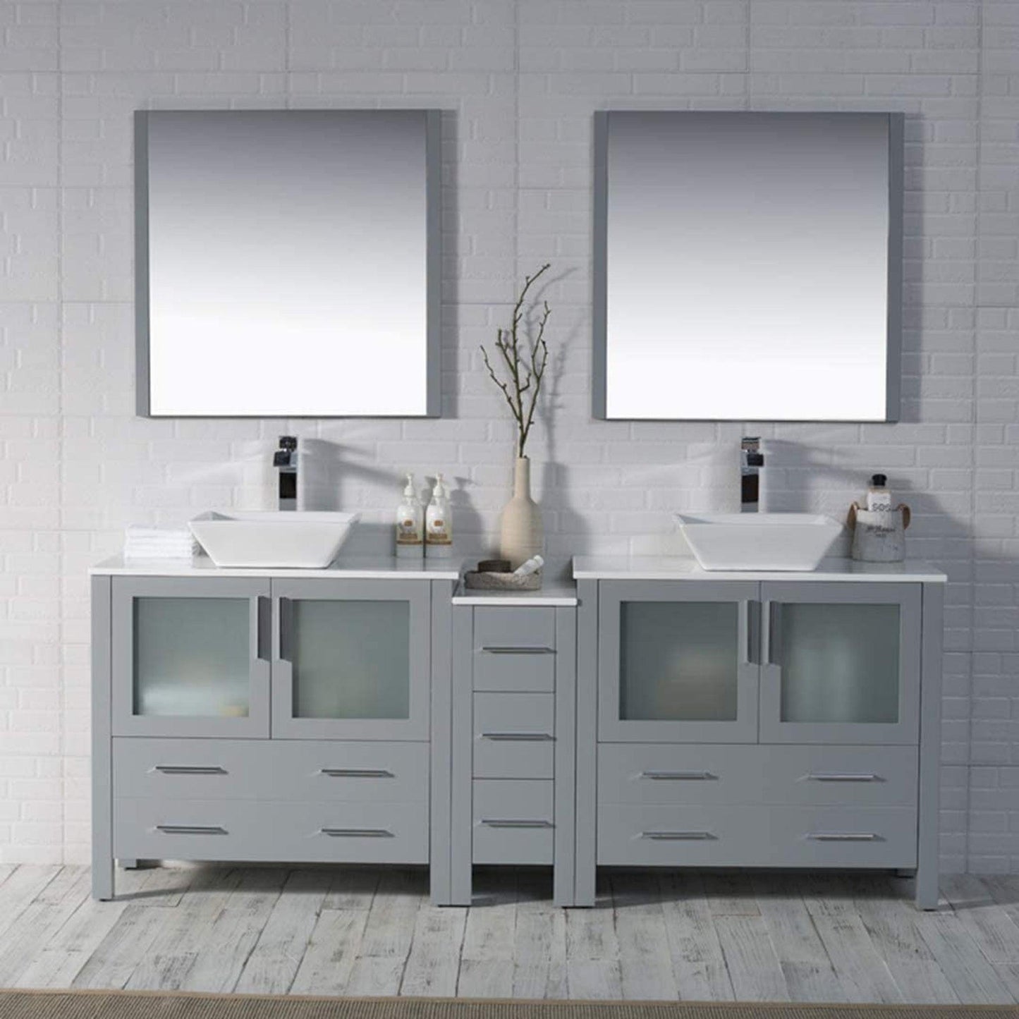Blossom Sydney 84" Metal Gray Freestanding Vanity Set With Ceramic Double Vessel Sinks and Mirror