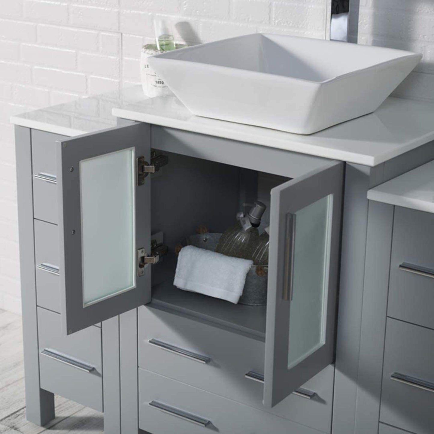 Blossom Sydney 84" Metal Gray Freestanding Vanity With Ceramic Double Vessel Sinks and Three Side Cabinet