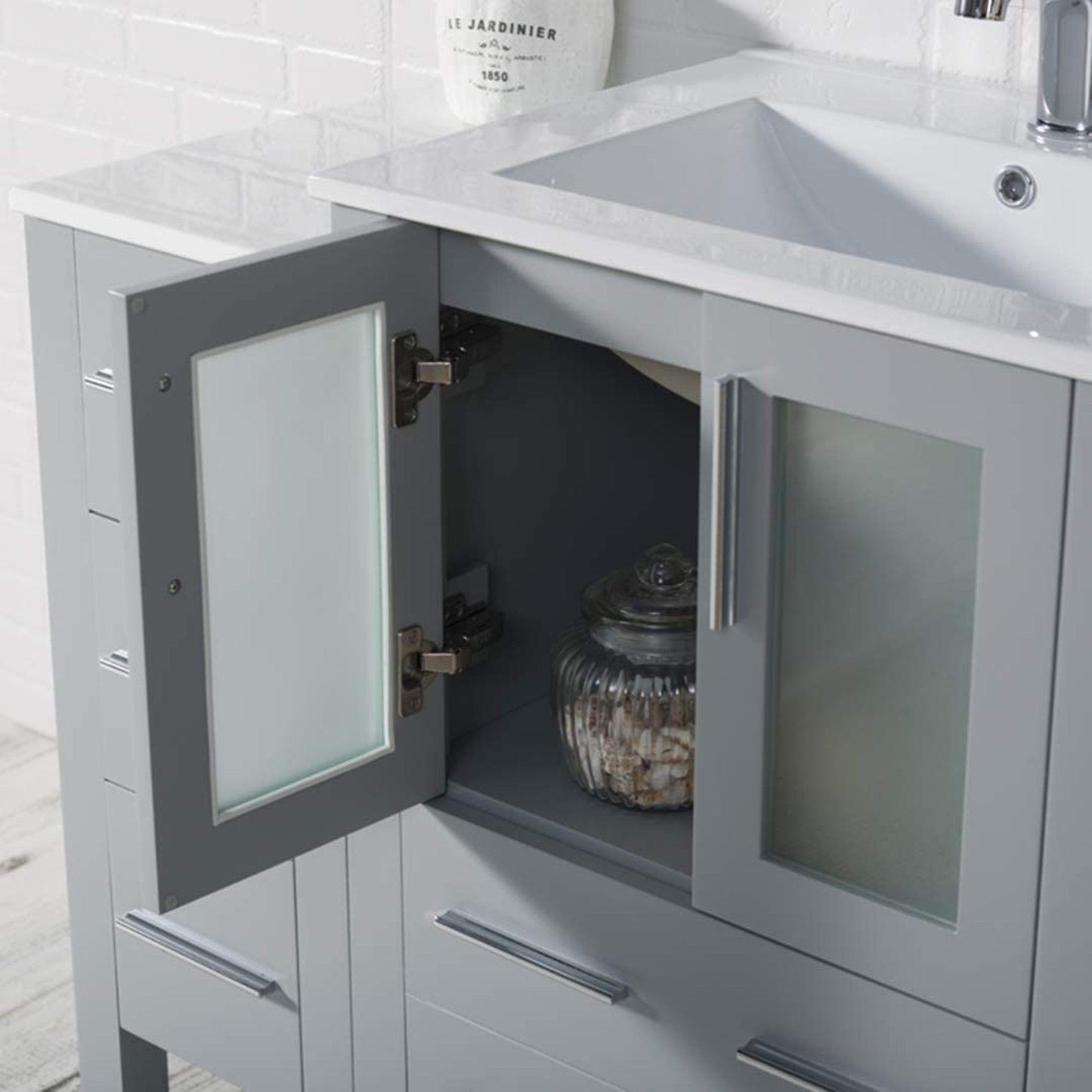 Blossom Sydney 84" Metal Gray Freestanding Vanity With Ceramic Top, Integrated Double Sinks, Mirror and Three Side Cabinet