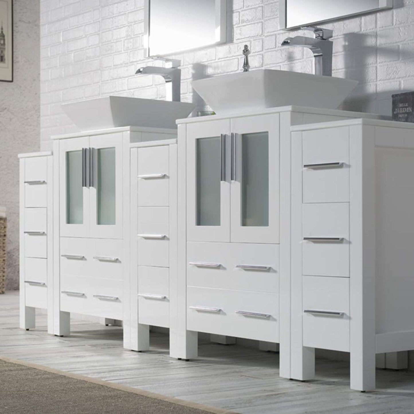 Blossom Sydney 84" White Freestanding Vanity With Ceramic Double Vessel Sinks and Three Side Cabinet