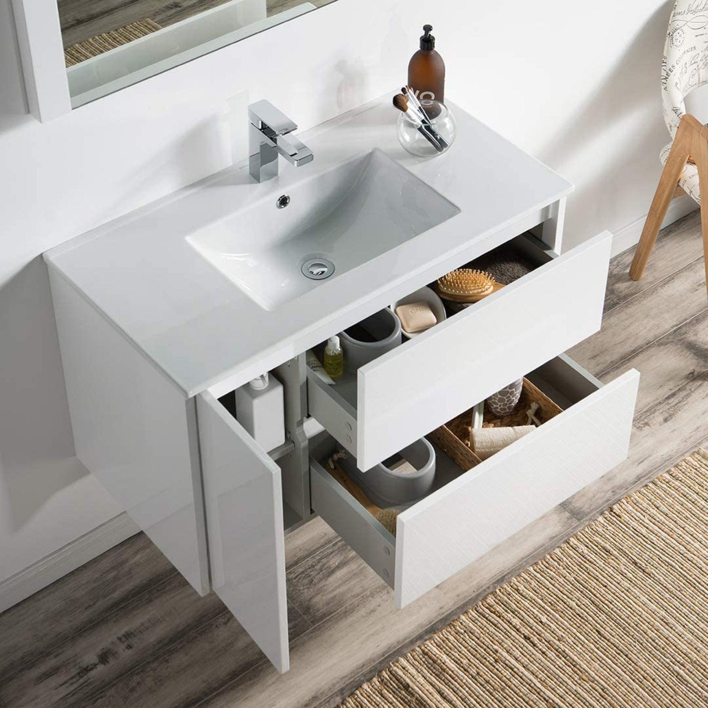 Blossom Valencia 36" 1-Door 2-Drawer White Wall-Mounted Vanity Set With Ceramic Top, Integrated Single Sink and Mirror