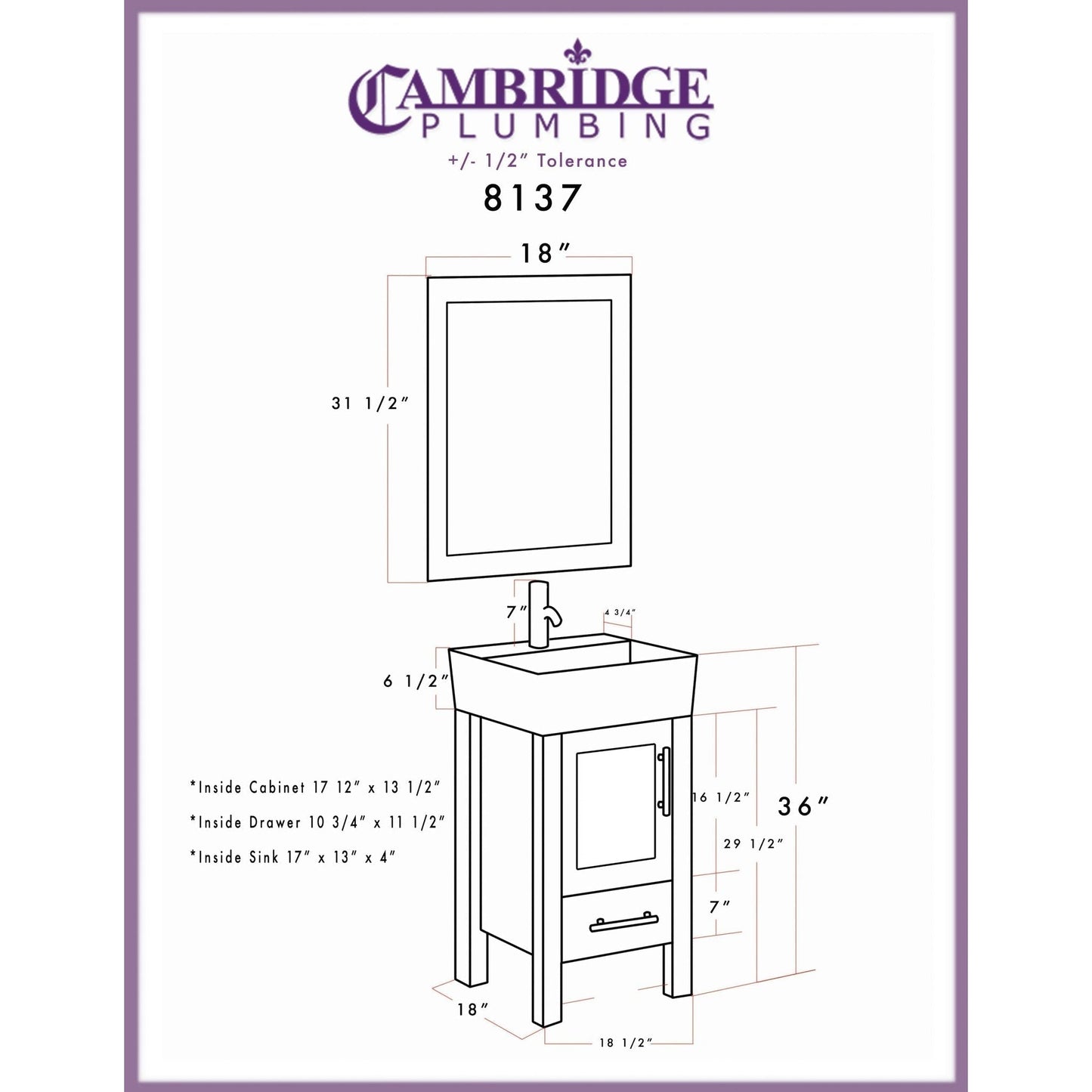 Cambridge Plumbing 18" White Single Wood Vanity Set With Porcelain Countertop And Square Vessel Sink With Faucet Hole And Polished Chrome Plumbing Finish