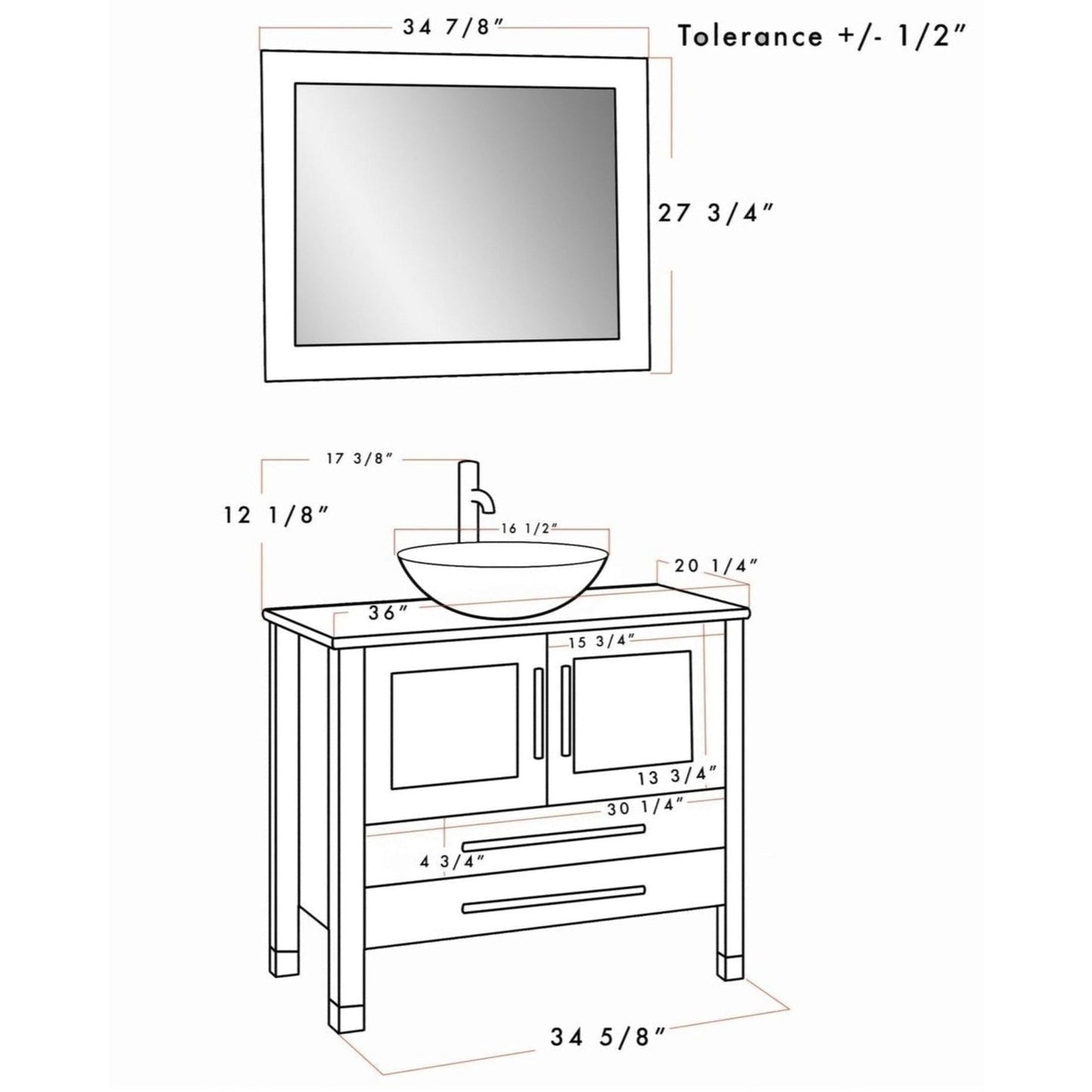 Cambridge Plumbing 36" Gray Wood Single Vanity Set With Tempered Glass Countertop And Circular Vessel Sink With Polished Chrome Plumbing Finish