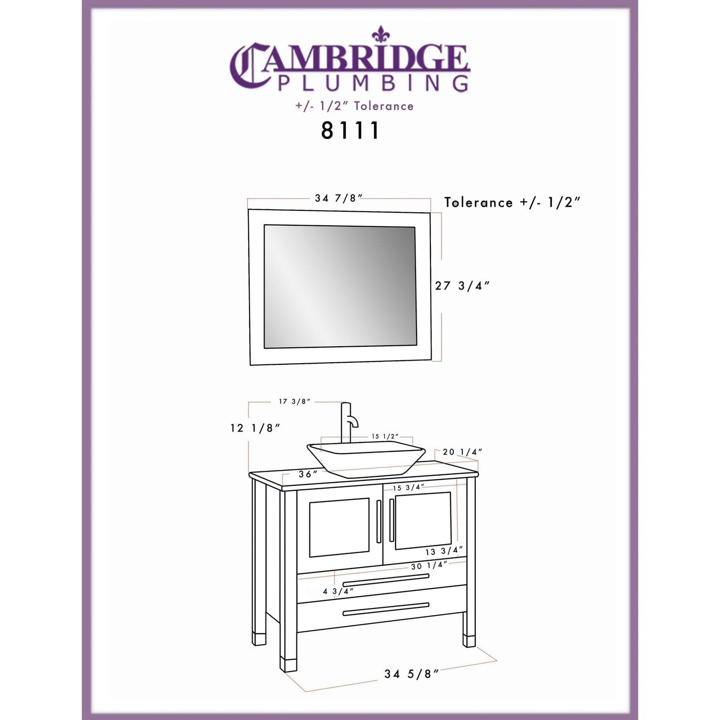Cambridge Plumbing 36" White Wood Single Vanity Set With Porcelain Countertop And Square Vessel Sink With Polished Chrome Plumbing Finish