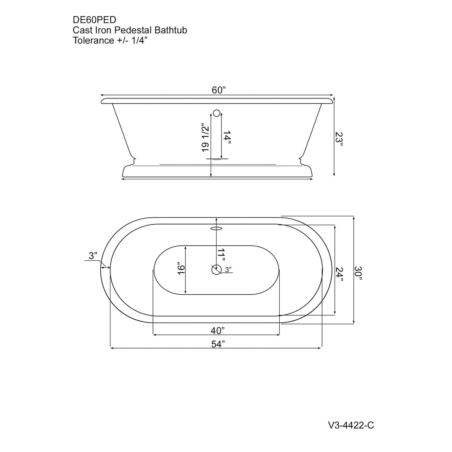 Cambridge Plumbing 60" White Cast Iron Double Ended Pedestal Bathtub Having No Faucet Holes