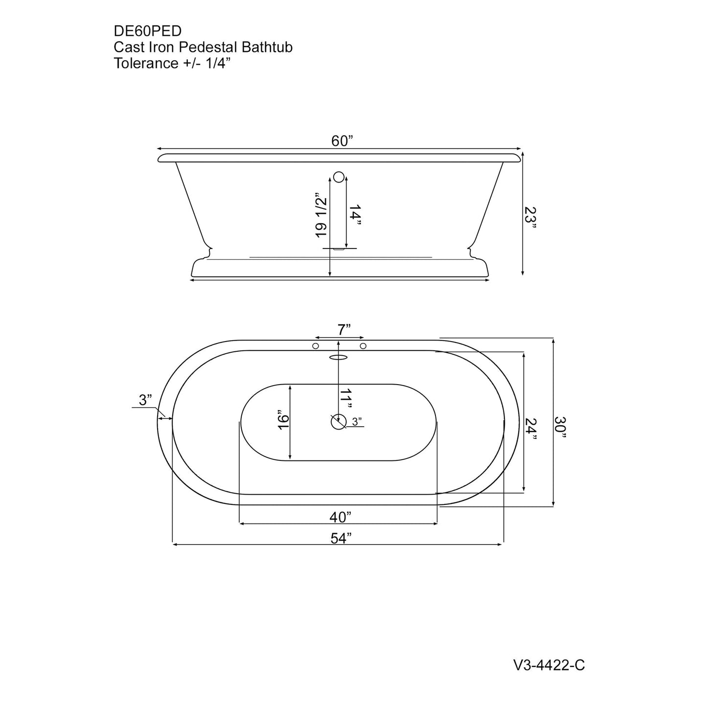 Cambridge Plumbing 60" White Cast Iron Double Ended Pedestal Bathtub With Deck Holes