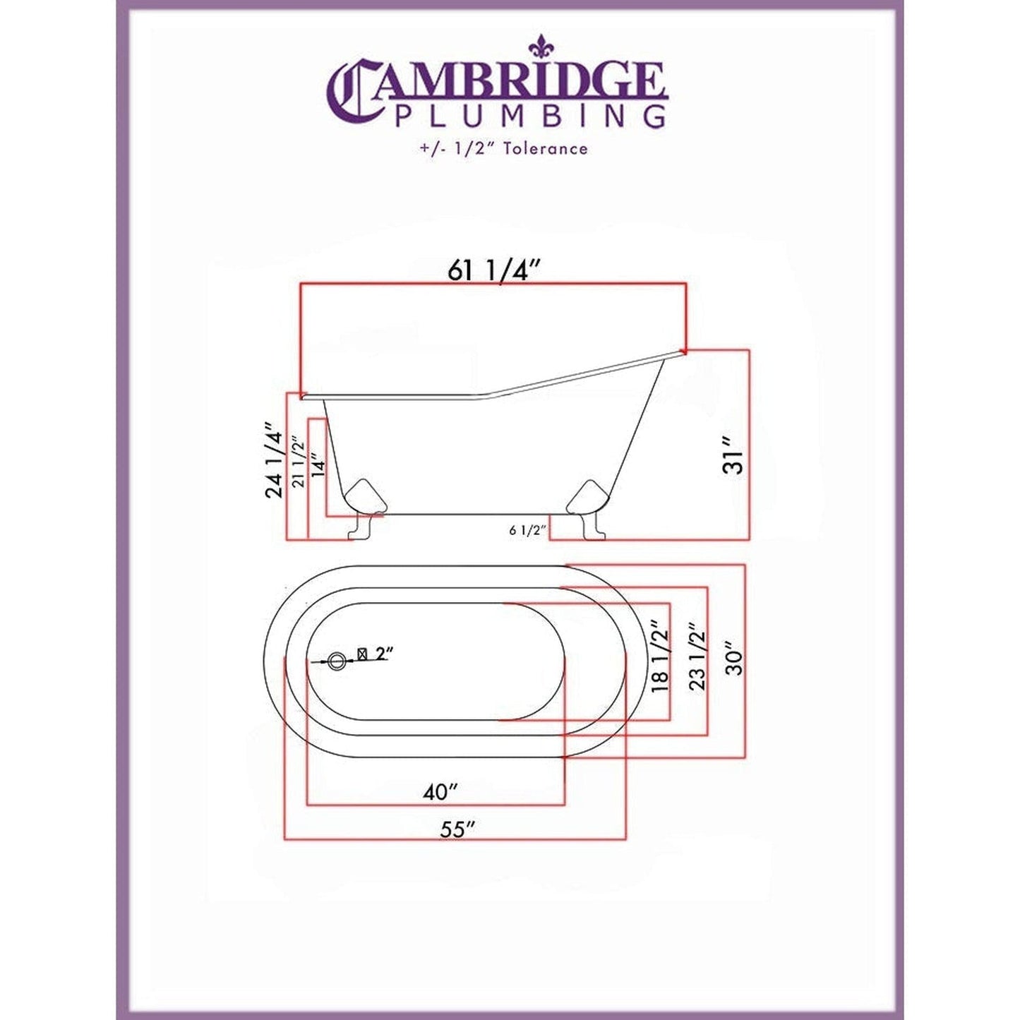 Cambridge Plumbing 61" Wide White Acrylic Single Slipper Bathtub With No Faucet Holes With Oil Rubbed Bronze Feet