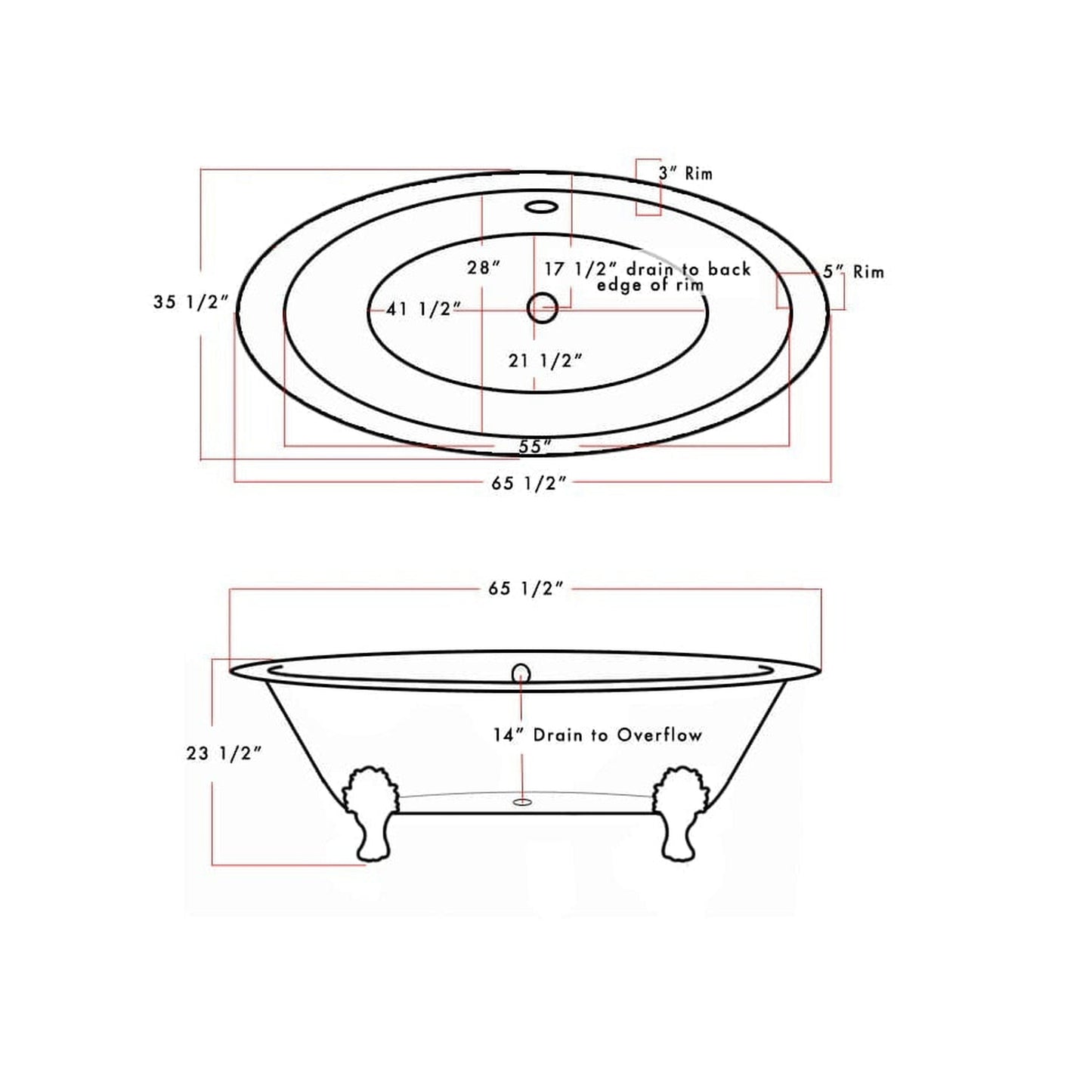 Cambridge Plumbing 66" White Cast Iron Double Ended Clawfoot Bathtub With No Faucet Holes With Oil Rubbed Bronze Feet