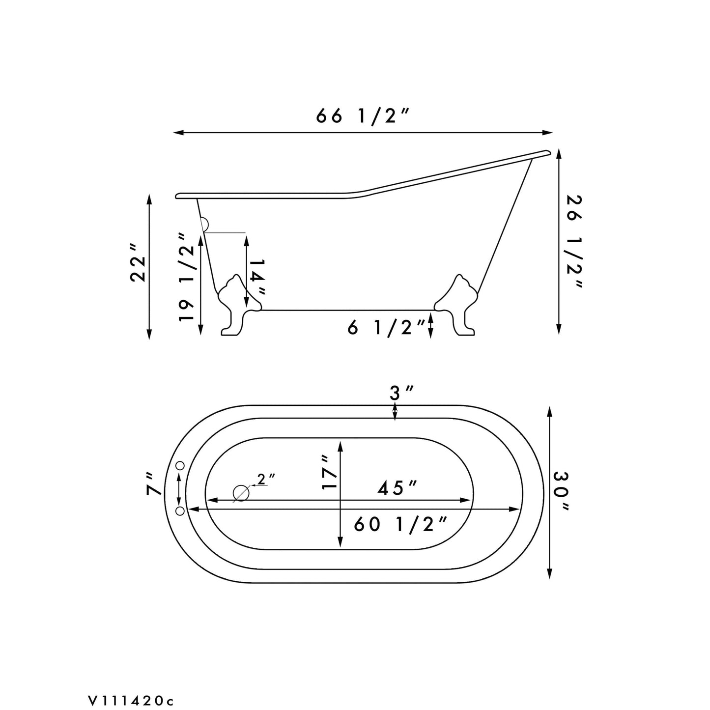 Cambridge Plumbing 67" Cast Iron Single Slipper Scorched Platinum Clawfoot Bathtub With No Deck Holes With Brushed Nickel Feet