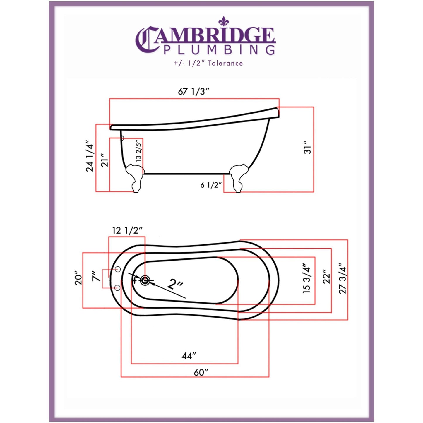 Cambridge Plumbing 67" White Acrylic Single Slipper Clawfoot Bathtub With Deck Holes With Oil Rubbed Bronze Clawfeet