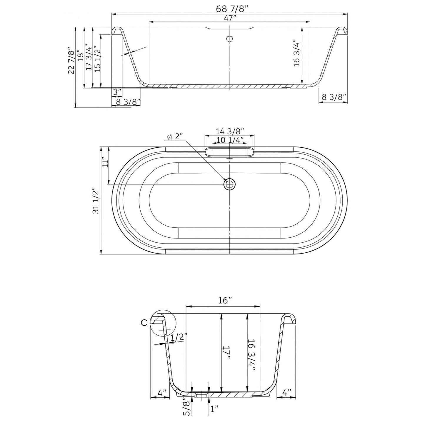 Cambridge Plumbing 69" White Dolomite Mineral Composite Double Ended Bathtub With No Faucet Holes And Oil Rubbed Bronze Lion Paw Feet