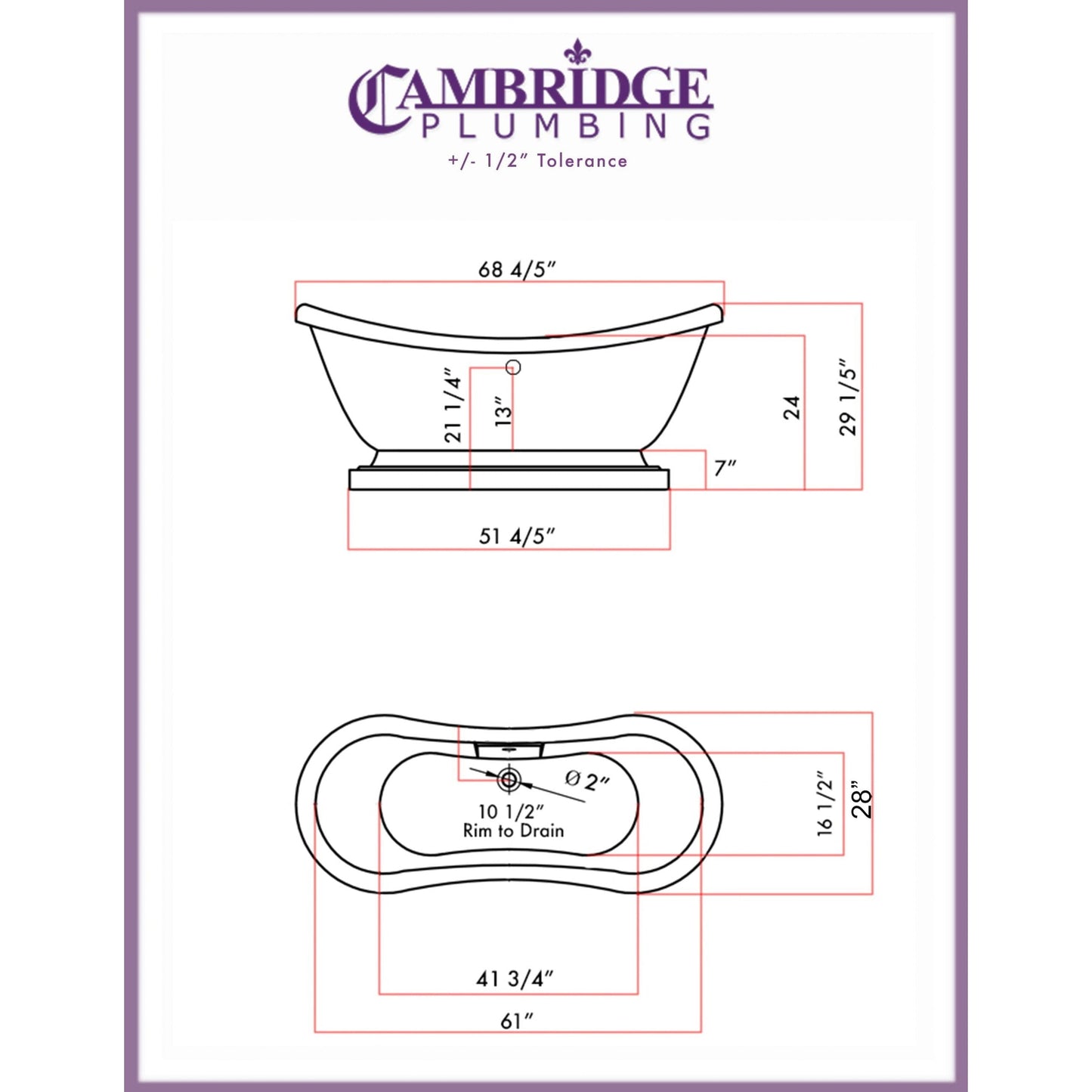 Cambridge Plumbing 69" White Double Slipper Pedestal Acrylic Bathtub With No Faucet Holes