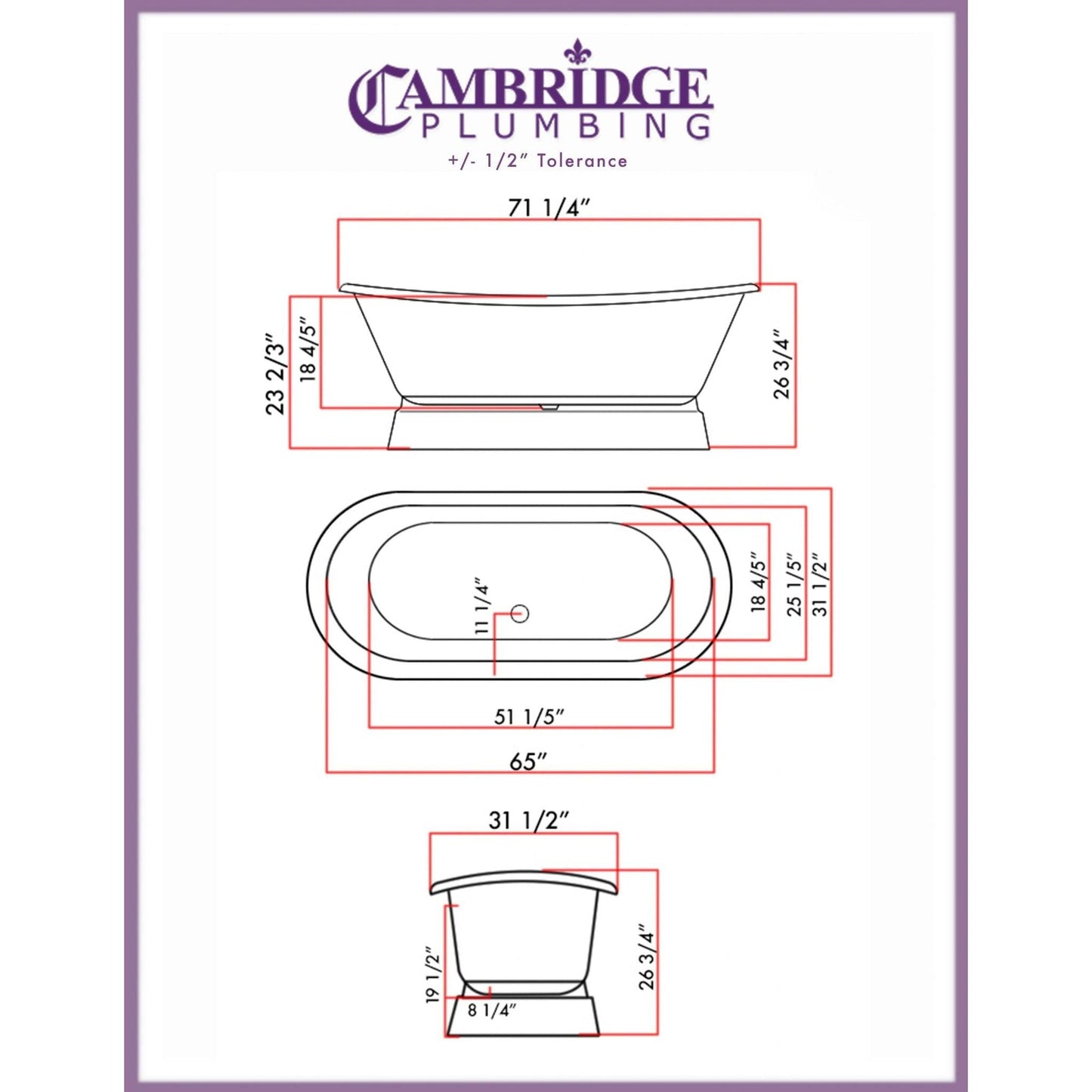 Cambridge Plumbing 71" White Cast Iron Double Ended Pedestal Bathtub With No Faucet Holes