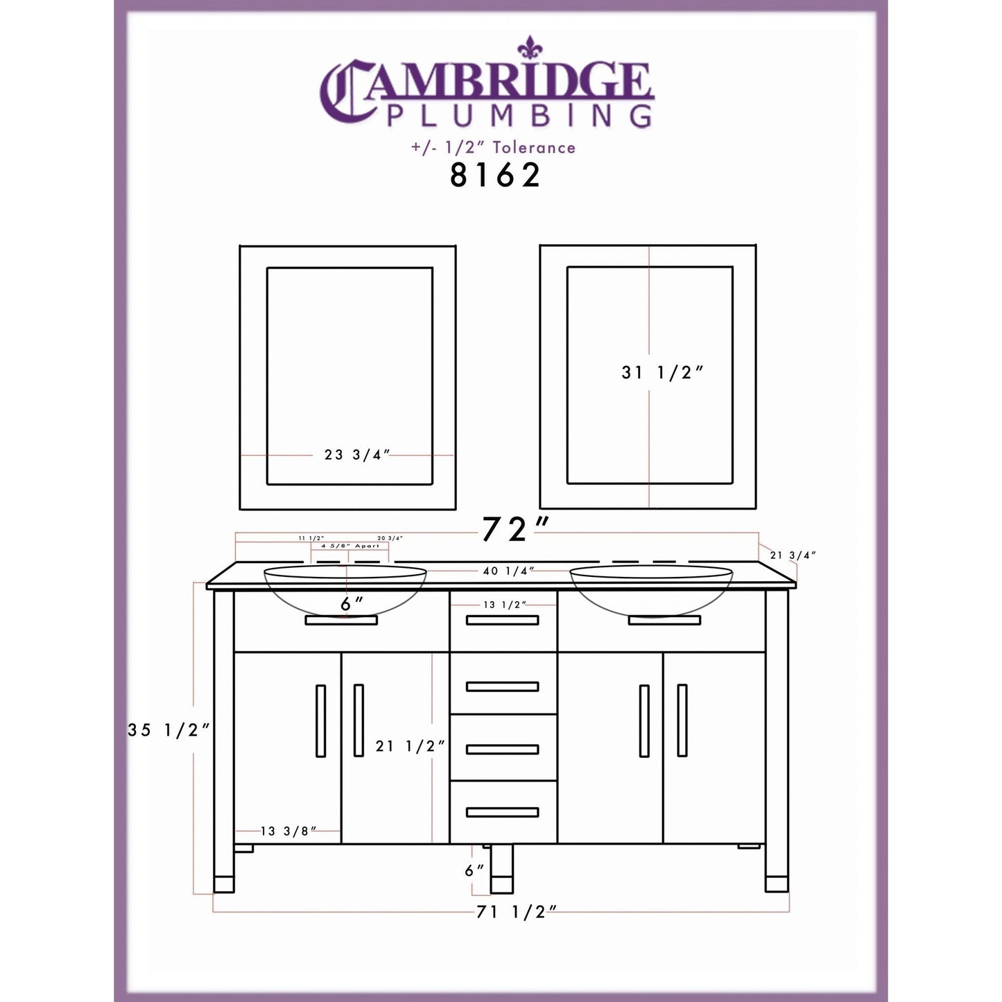 Cambridge Plumbing 72" Gray Wood Double Vanity Set With Porcelain Countertop And Circular Drop in Sink