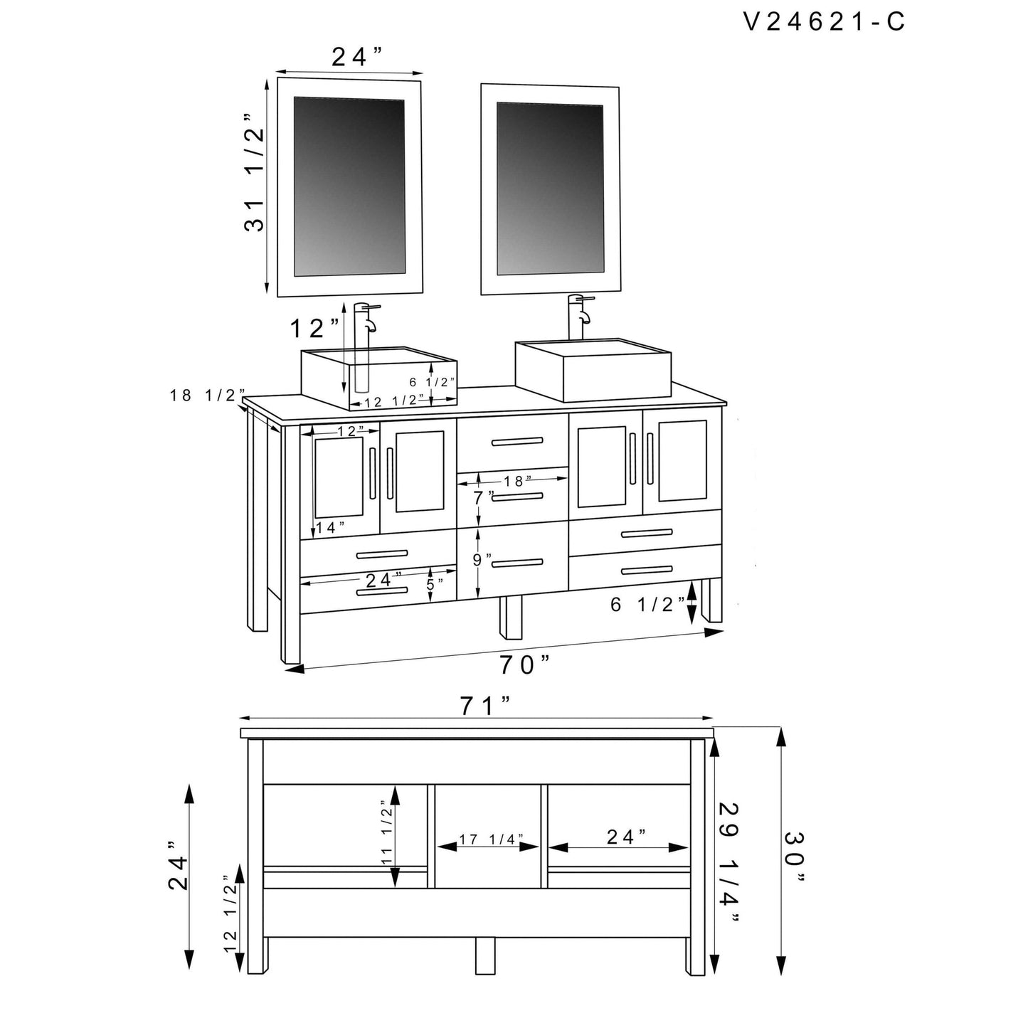 Cambridge Plumbing 72" White Wood Double Vanity Set With Porcelain Countertop And Rectangular Vessel Sink With Polished Chrome Plumbing Finish