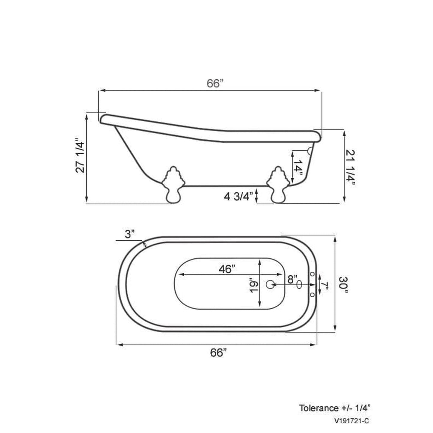 Cambridge Plumbing Amber Waves 66" Gloss White Acrylic Single Slipper Clawfoot Bathtub With Deck Holes And Polished Chrome Clawfeet