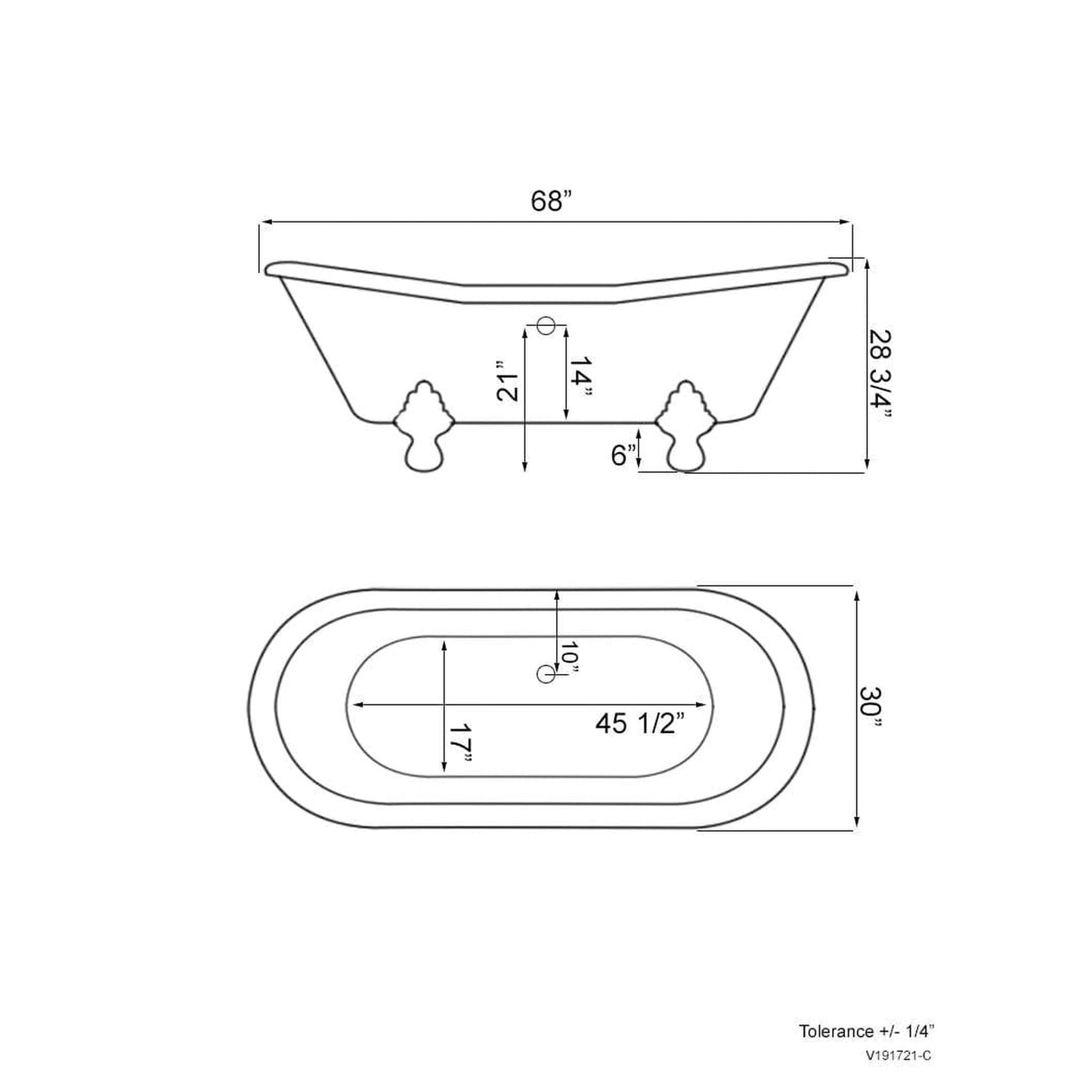 Cambridge Plumbing Amber Waves 68" Gloss White Acrylic Double Slipper Clawfoot Bathtub With No Deck Holes And Oil Rubbed Bronze Clawfeet