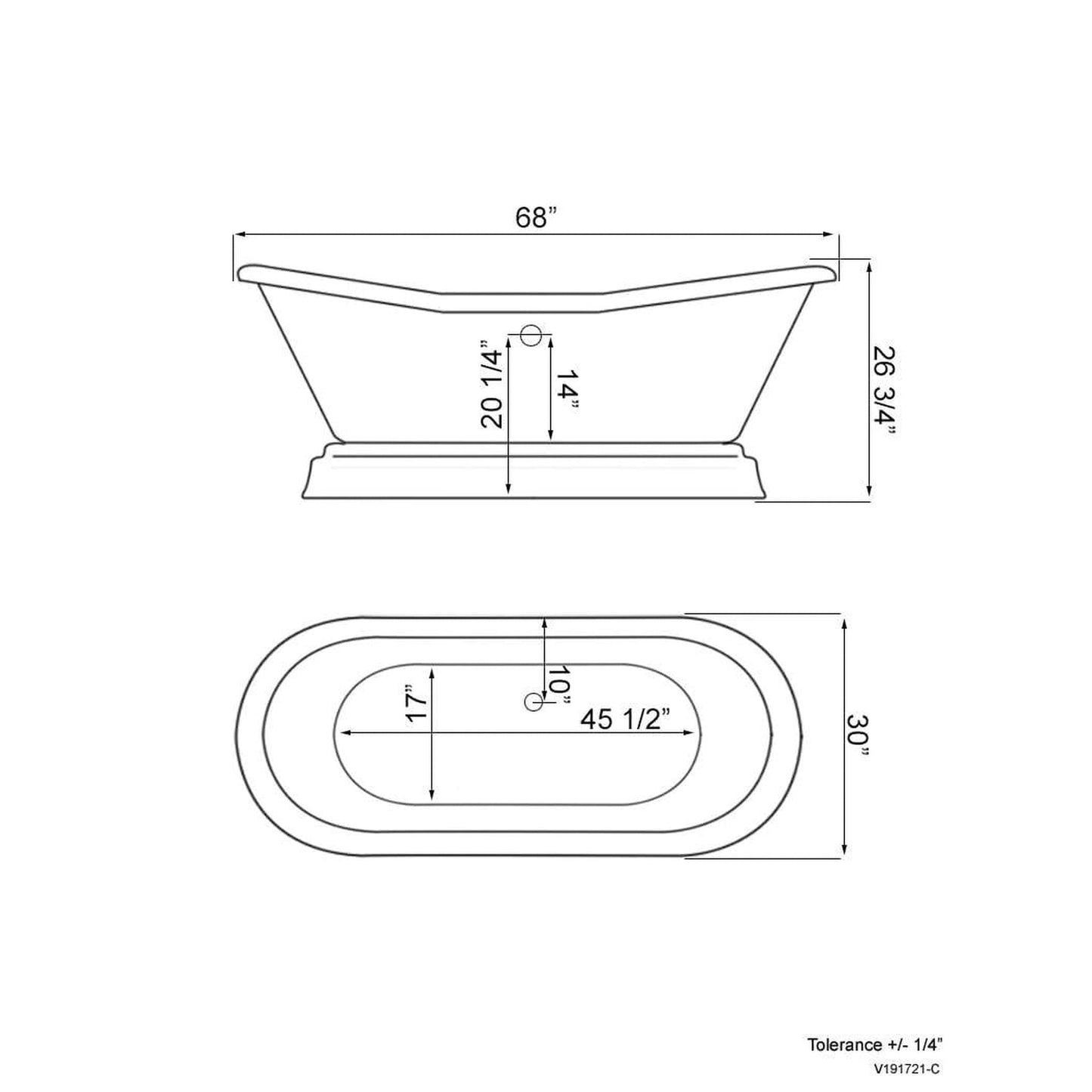 Cambridge Plumbing Amber Waves 68" Gloss White Acrylic Double Slipper Pedestal Bathtub With No Deck Holes And Continuous Rim