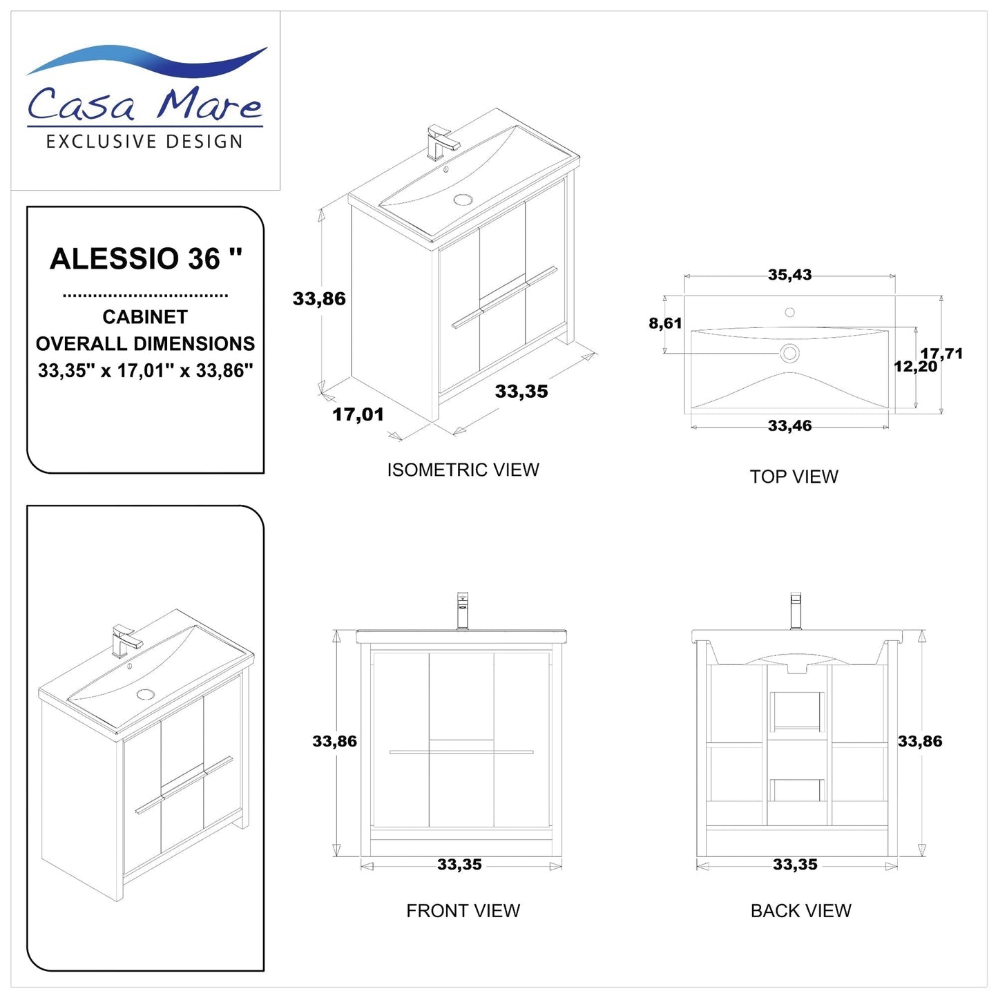 Casa Mare Alessio 36" Glossy White Bathroom Vanity and Ceramic Sink Combo