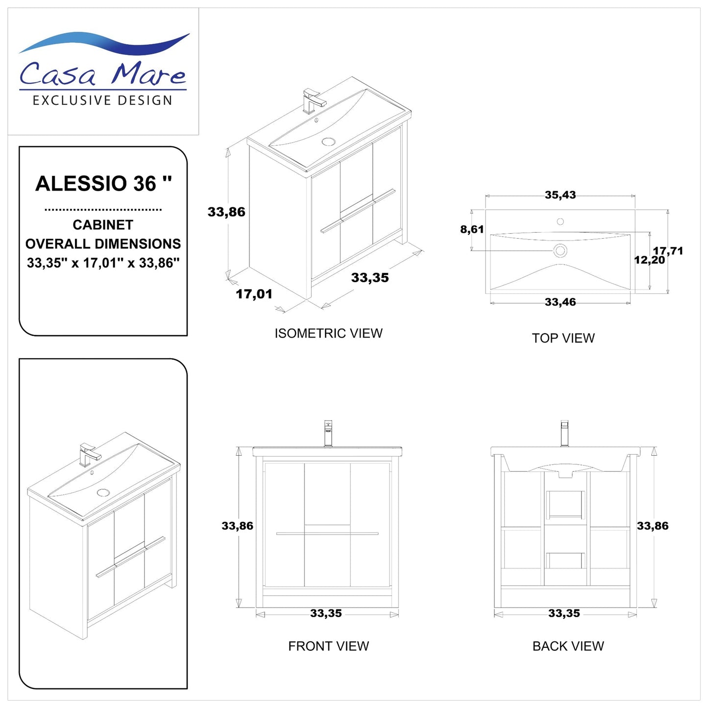 Casa Mare Alessio 36" Glossy White Bathroom Vanity and Ceramic Sink Combo With LED Mirror