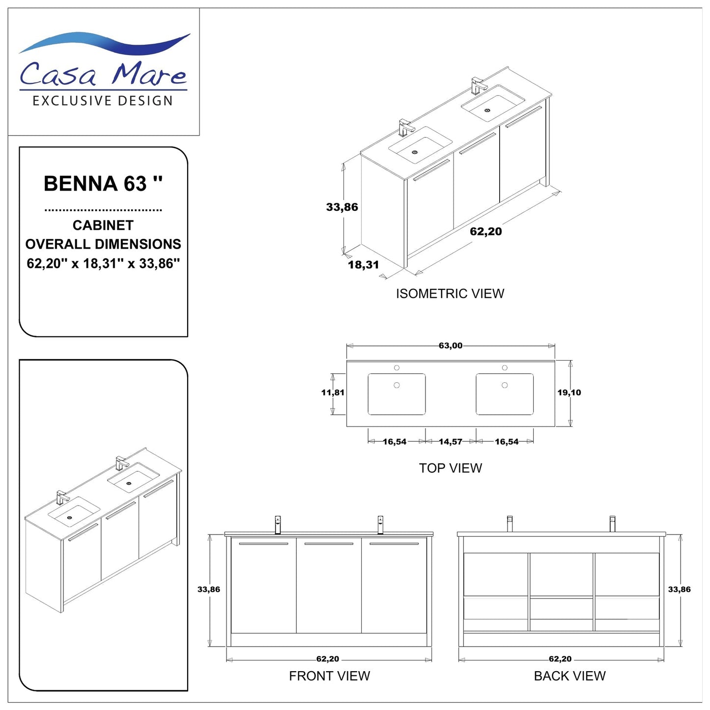 Casa Mare Benna 63" Glossy White Bathroom Vanity and Acrylic Double Sink Combo