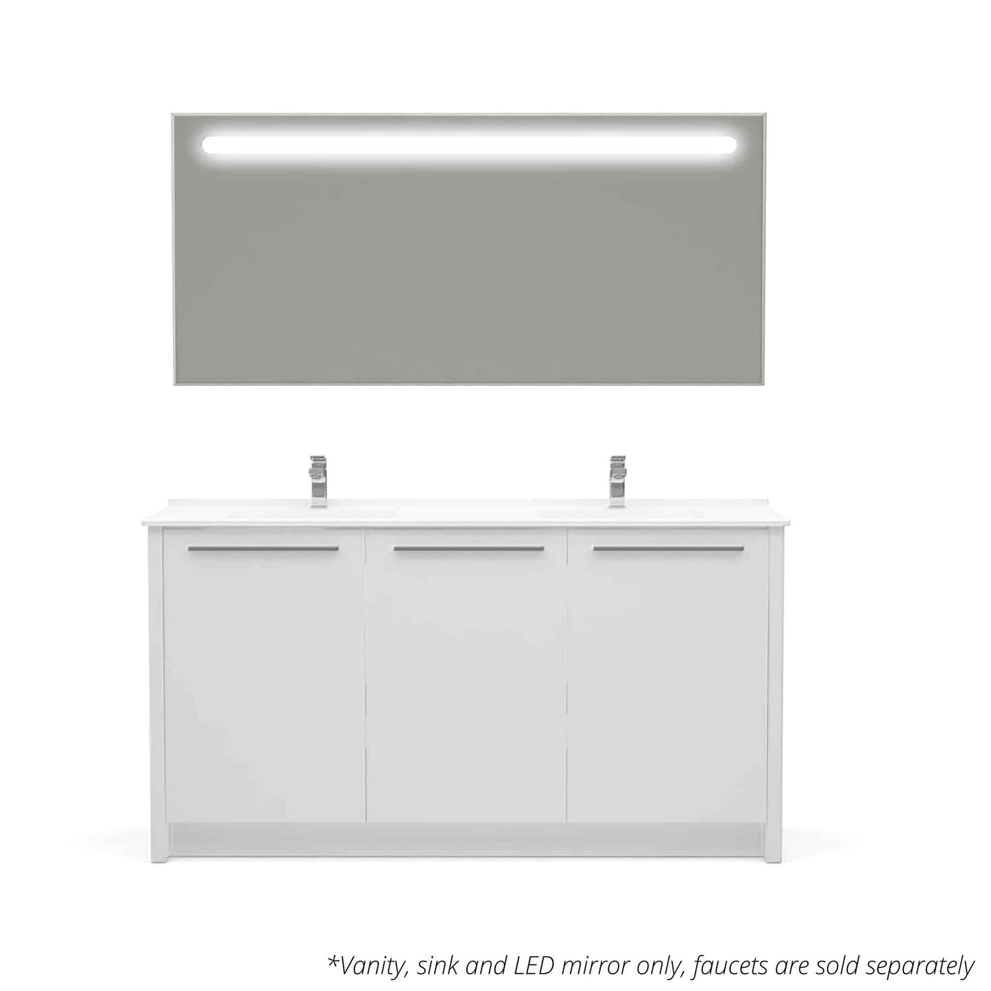 Casa Mare Benna 63" Glossy White Bathroom Vanity and Acrylic Double Sink Combo with LED Mirror