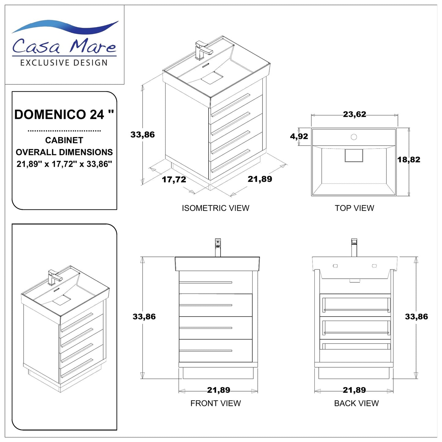 Casa Mare Domenico 24" Glossy White Bathroom Vanity and Ceramic Sink Combo