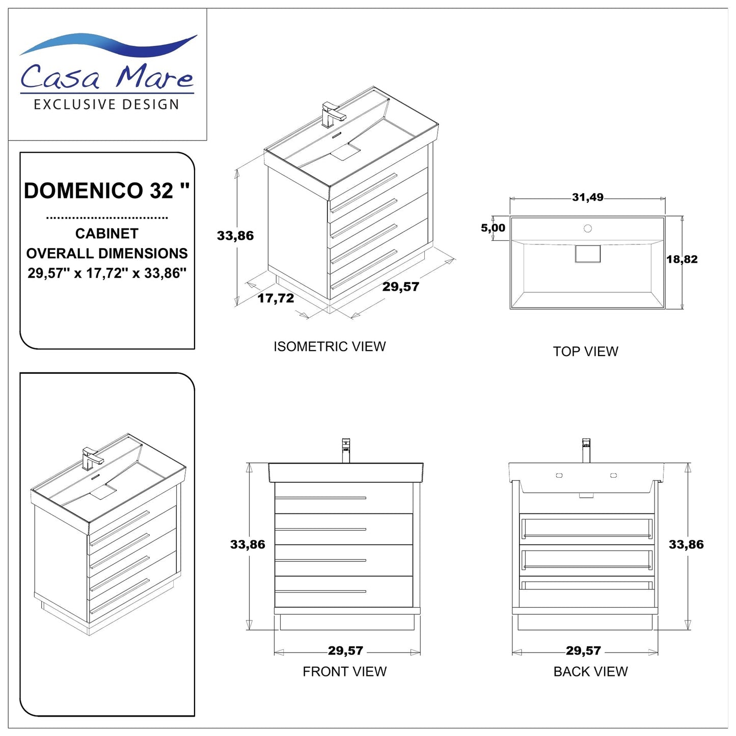 Casa Mare Domenico 32" Glossy Gray Bathroom Vanity and Ceramic Sink Combo With LED Mirror