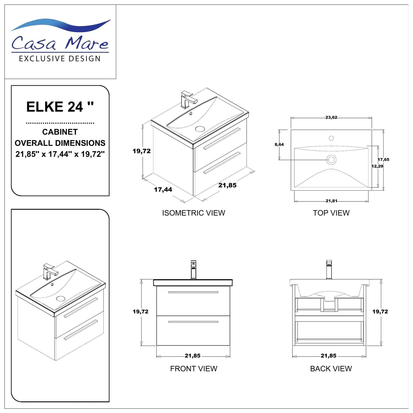 Casa Mare Elke 24" Glossy Black Wall-Mounted Bathroom Vanity and Ceramic Sink Combo With LED Mirror