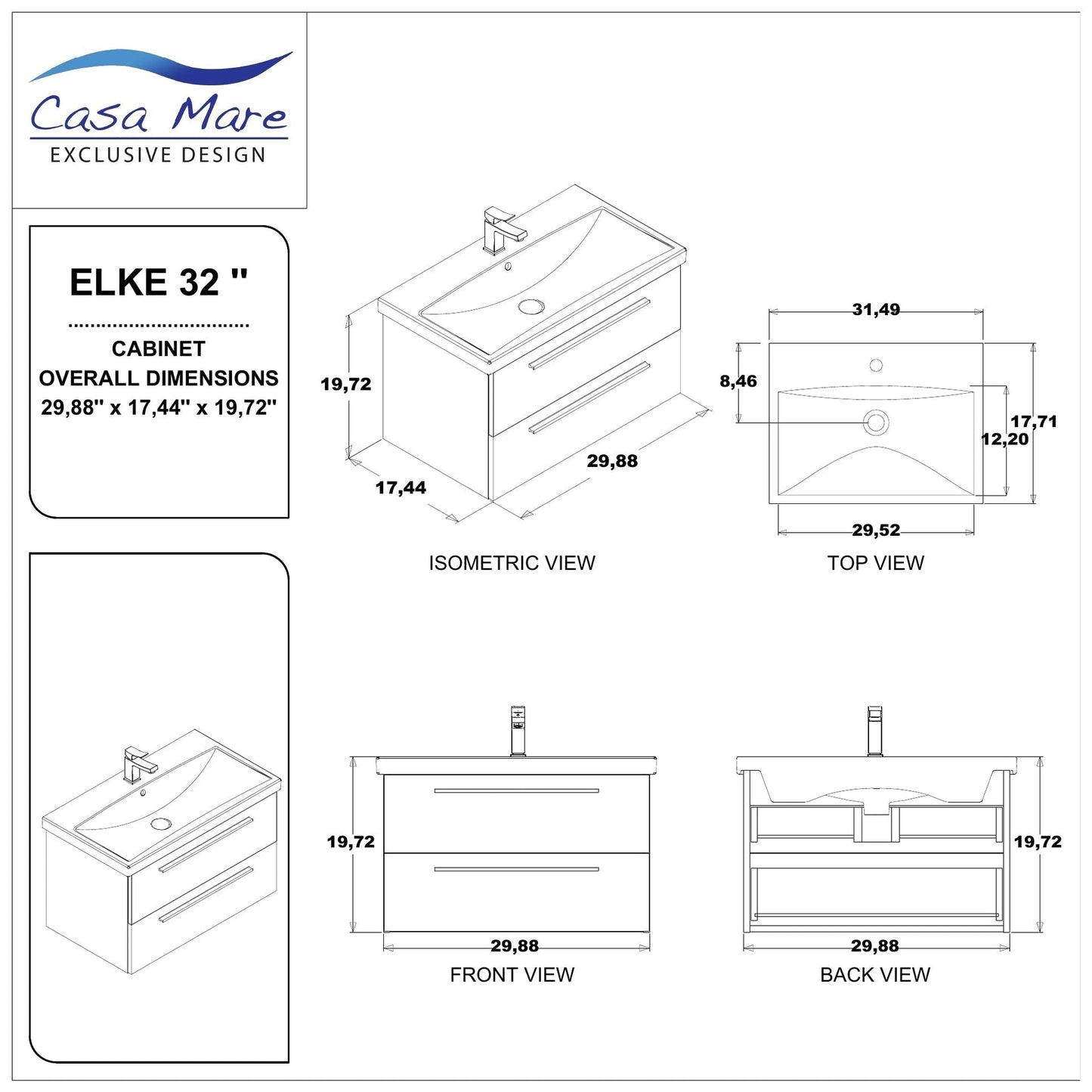 Casa Mare Elke 32" Glossy White Wall-Mounted Bathroom Vanity and Ceramic Sink Combo
